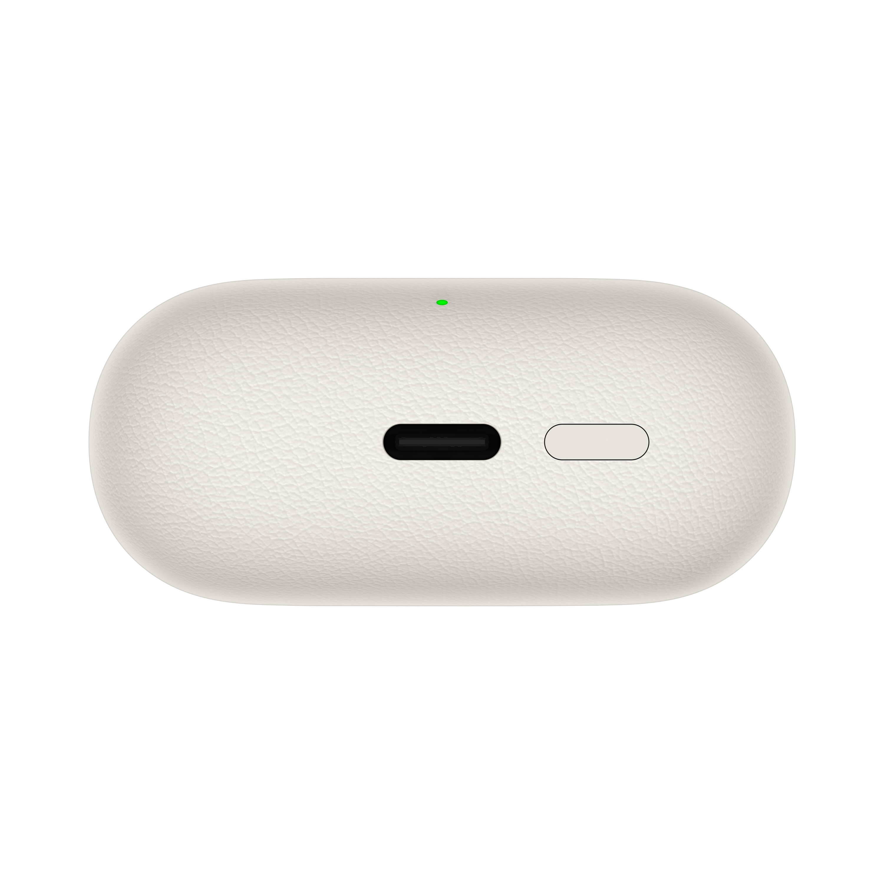 Ein weißes, strukturiertes Ladecase für Ohrhörer, mit einem USB-C-Anschluss und einem kleinen Knopf.