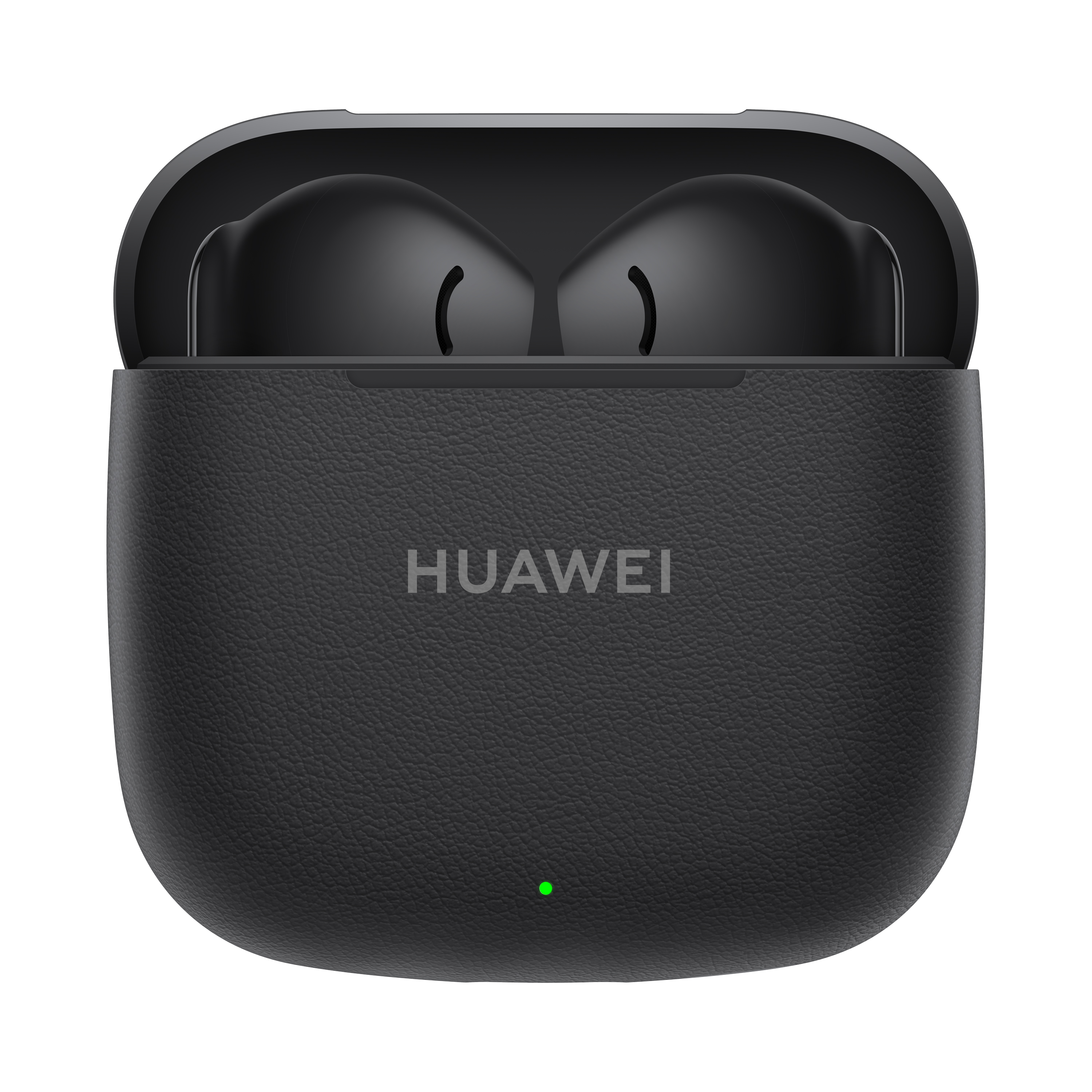 Schwarzes Ohrhörer-Etui mit Ohrhörern. Auf dem Etui steht 'HUAWEI' und ein grünes Licht. Schwarzer Hintergrund.