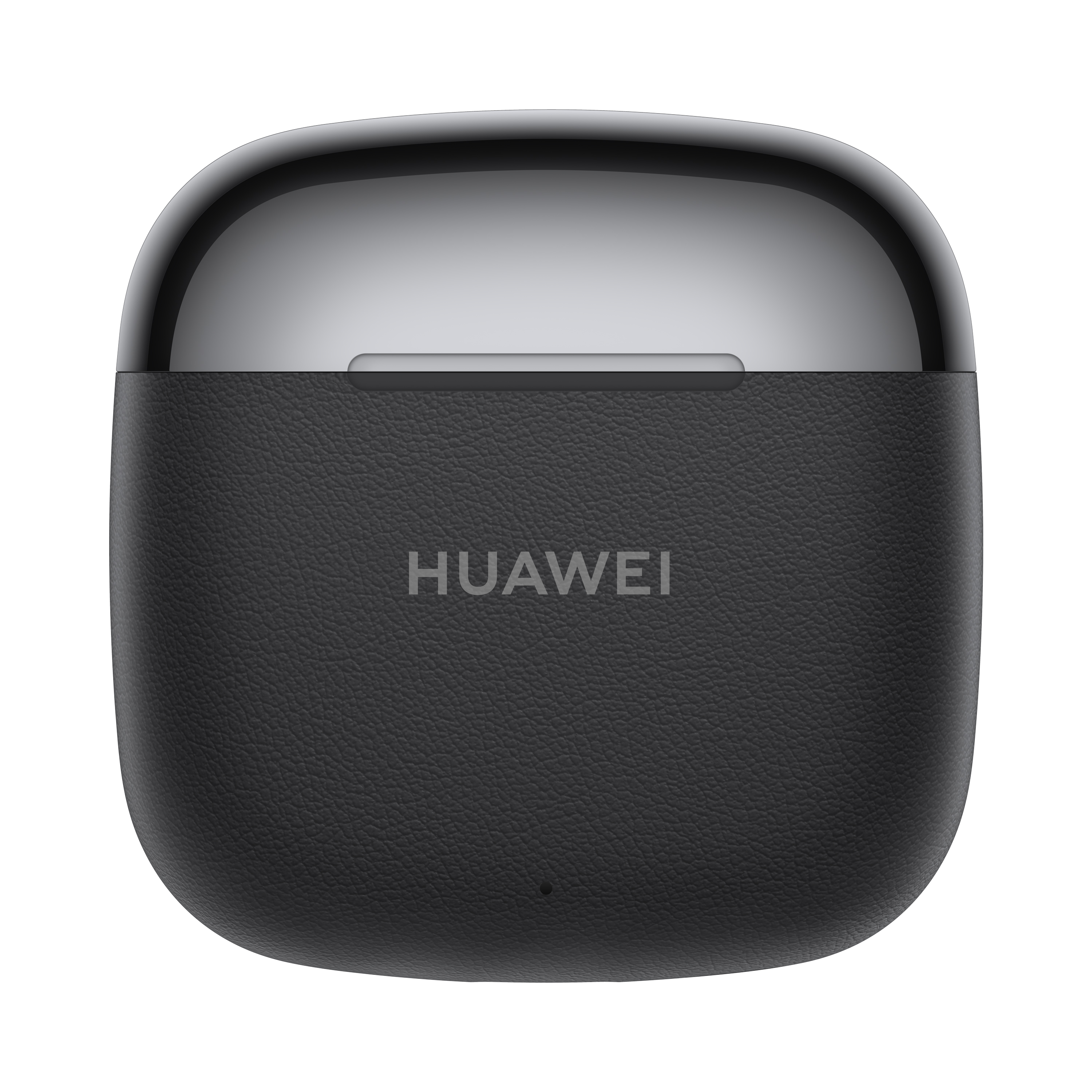 Schwarzes Huawei-Kopfhörer-Etui. Die Oberseite ist glänzend, die Unterseite strukturiert. Huawei-Logo zentriert.