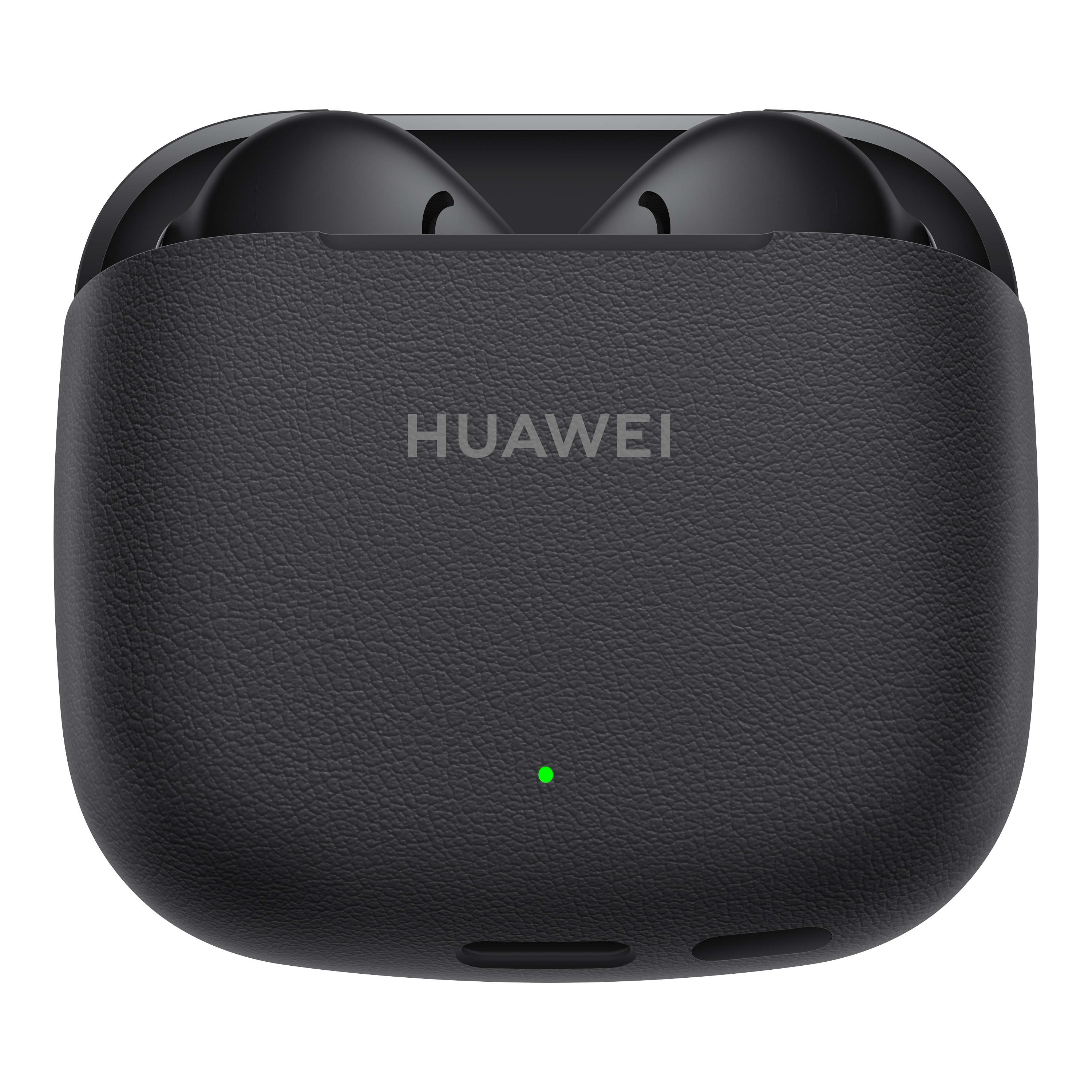 Schwarzes Ohrhörer-Etui mit dem Markennamen 'HUAWEI'. Auf dem Etui leuchtet ein grünes Licht.