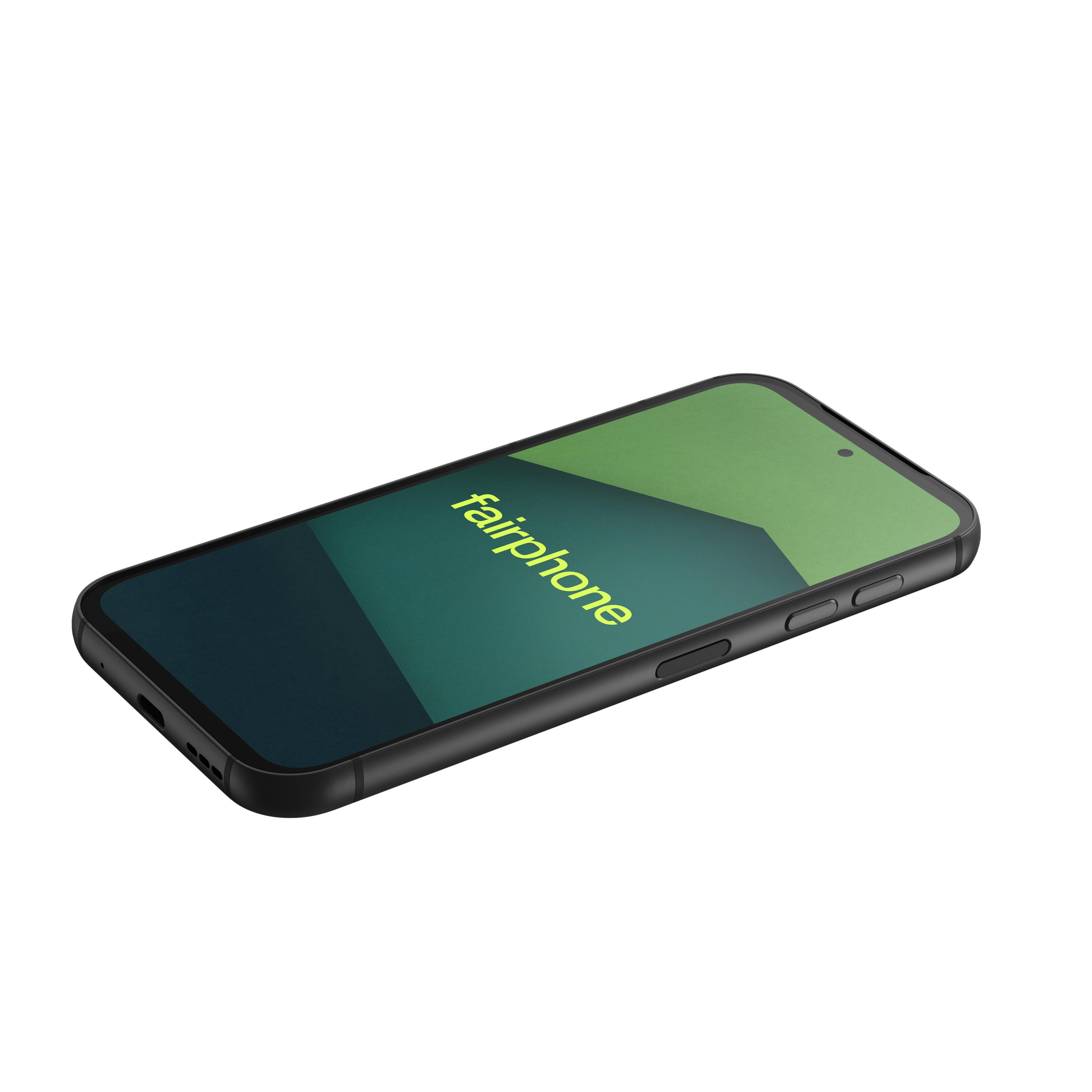 Schwarzes Smartphone mit grünem Bildschirm, zeigt das Fairphone-Logo. Weißer Hintergrund.