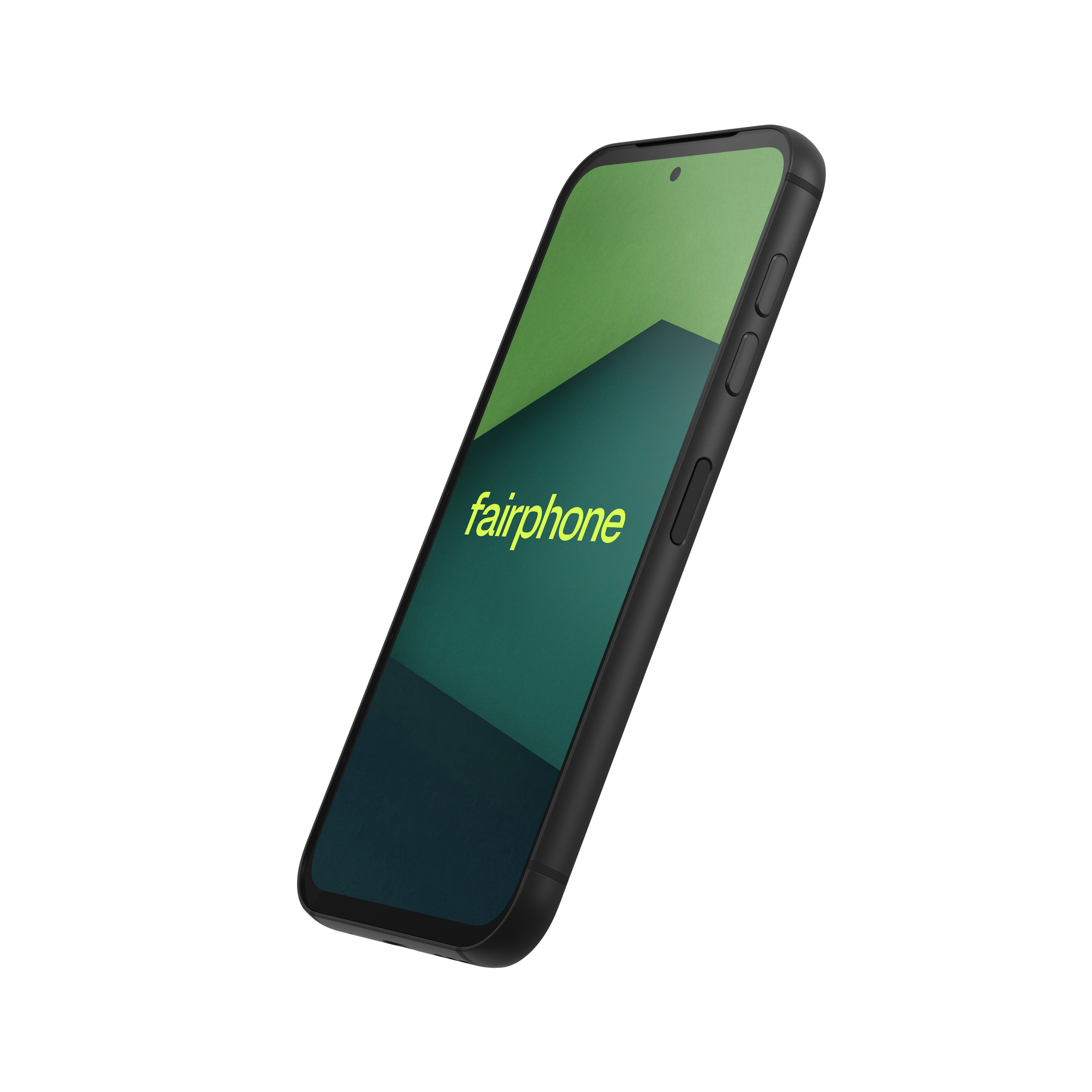 Ein schwarzes Telefon mit grünem und schwarzem Bildschirm, abgewinkelt. Das Logo 'fairphone' ist sichtbar.