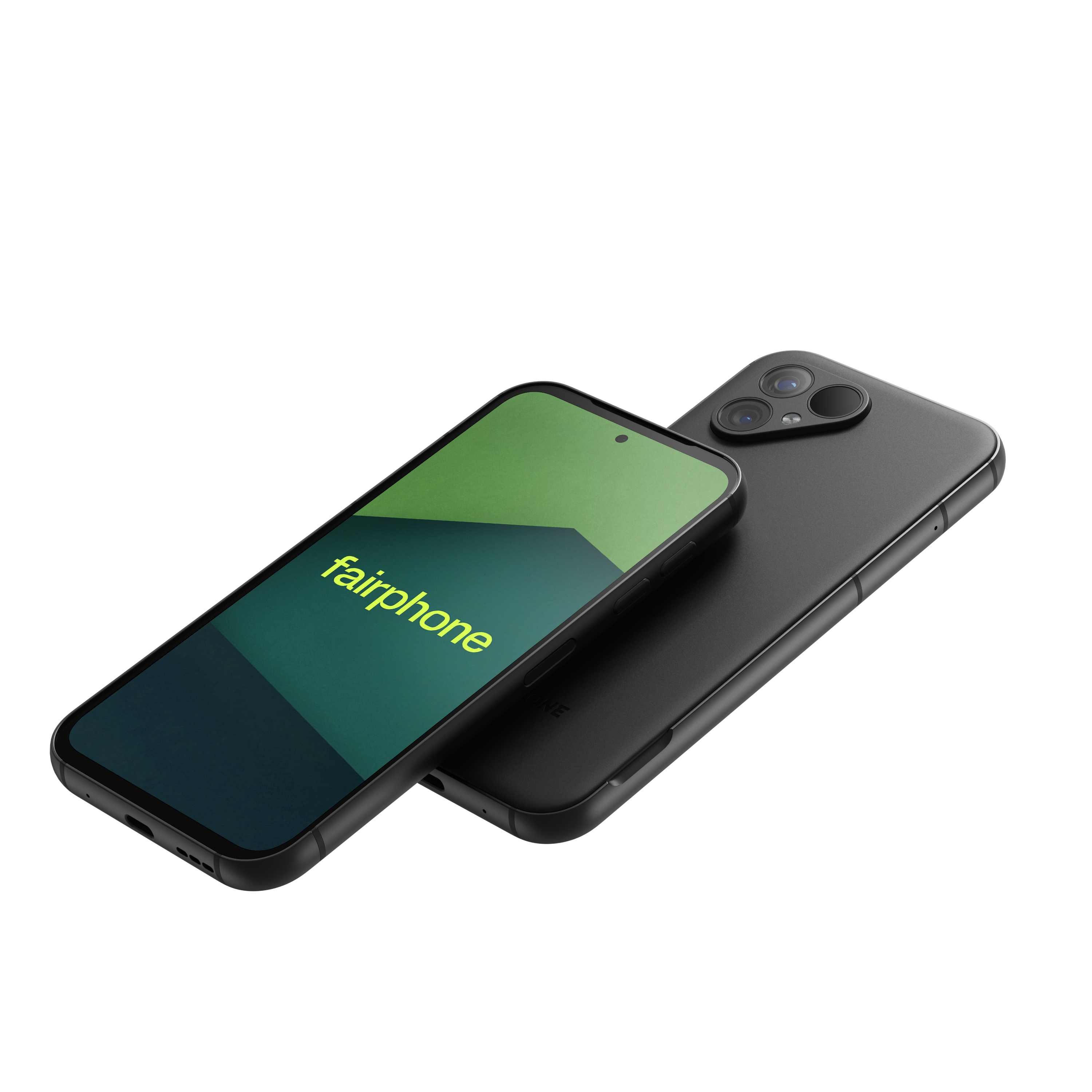 Zwei schwarze Telefone. Eines abgewinkelt, mit grünem und schwarzem Bildschirm und dem Logo 'fairphone'.