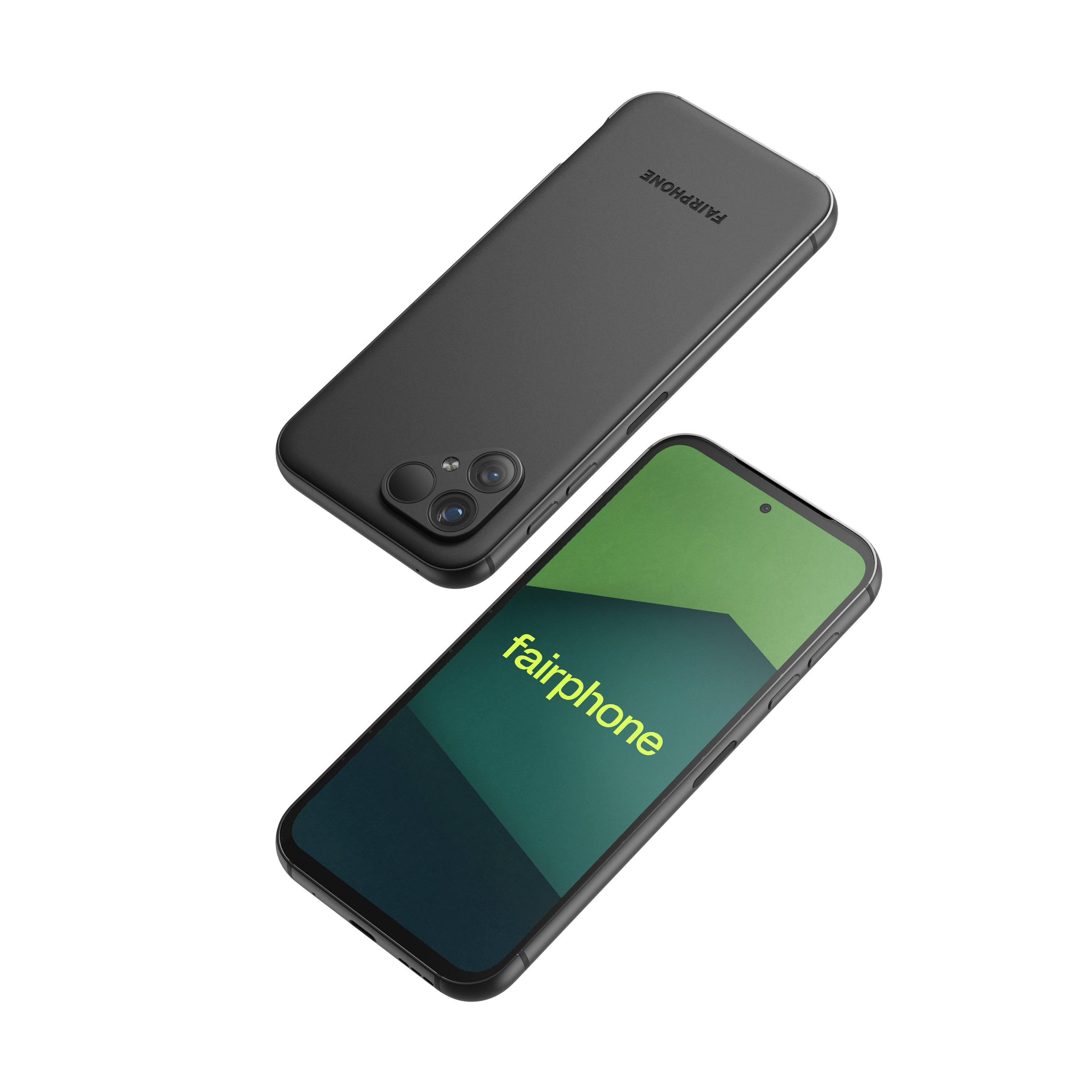 Zwei schwarze Fairphone-Telefone: Eins Rückansicht, eins mit Bildschirm und grünem Logo.