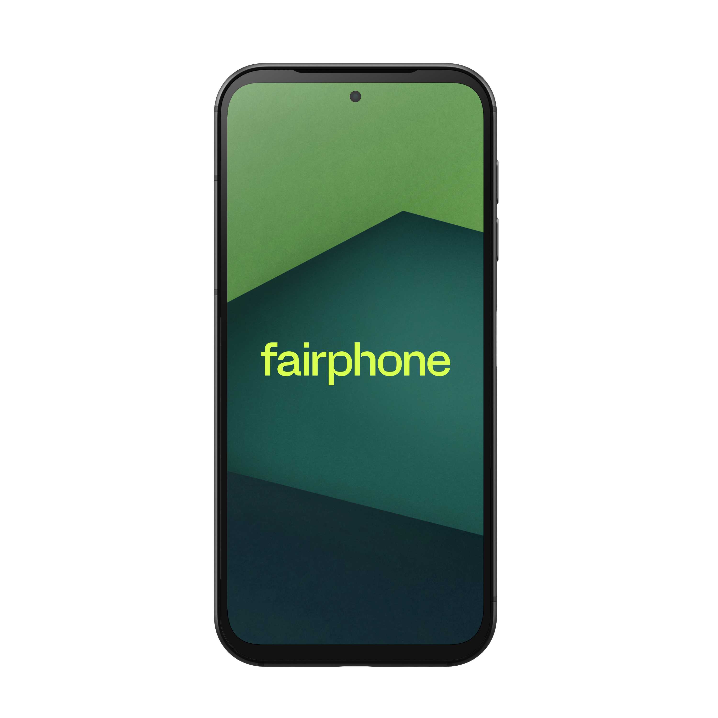 Ein schwarzes Smartphone. Der Bildschirm zeigt das "fairphone"-Logo mit grünem Hintergrund.
