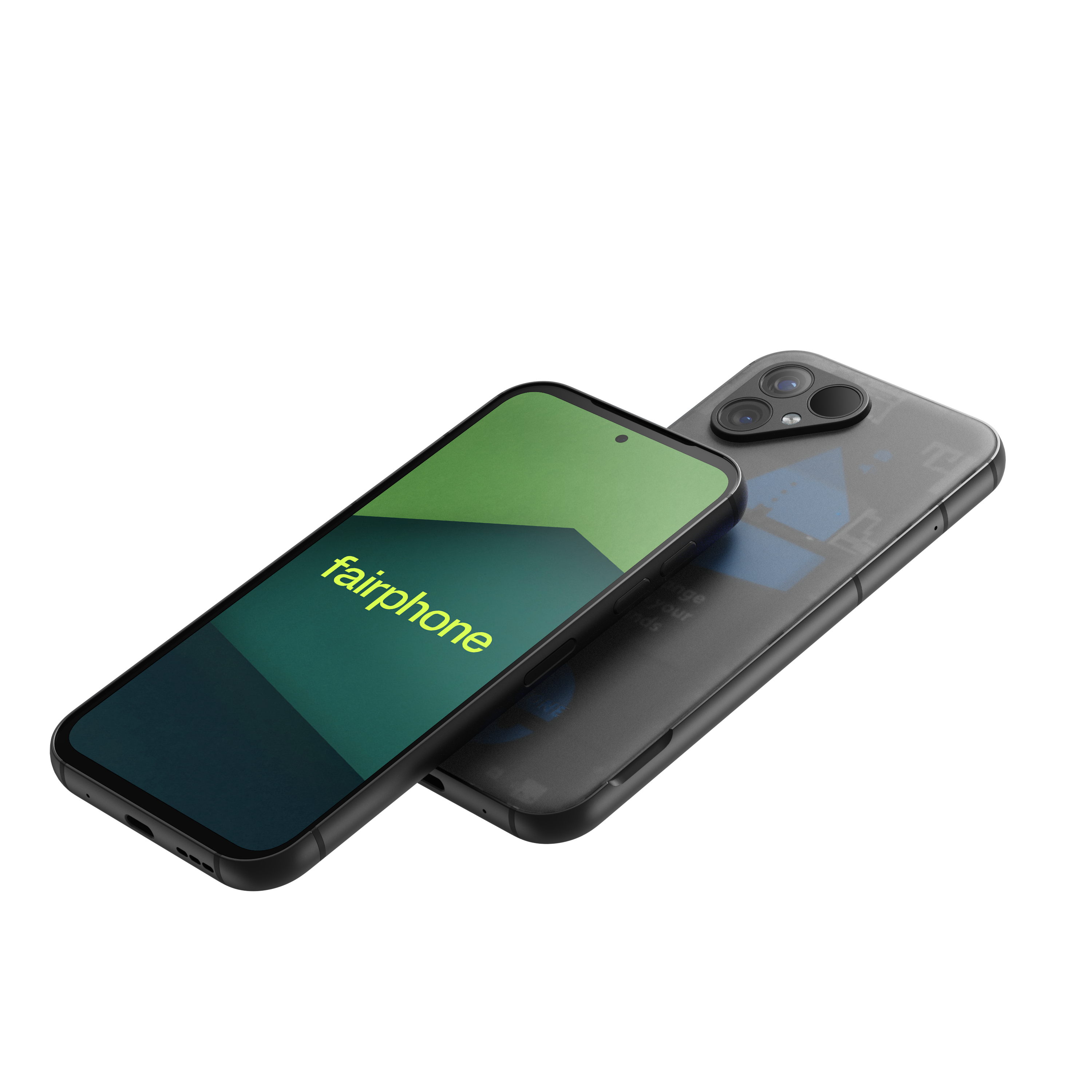 Zwei schwarze Fairphone-Geräte. Eines zeigt eine grüne Grafik auf dem Bildschirm, das andere liegt auf dem Rücken.