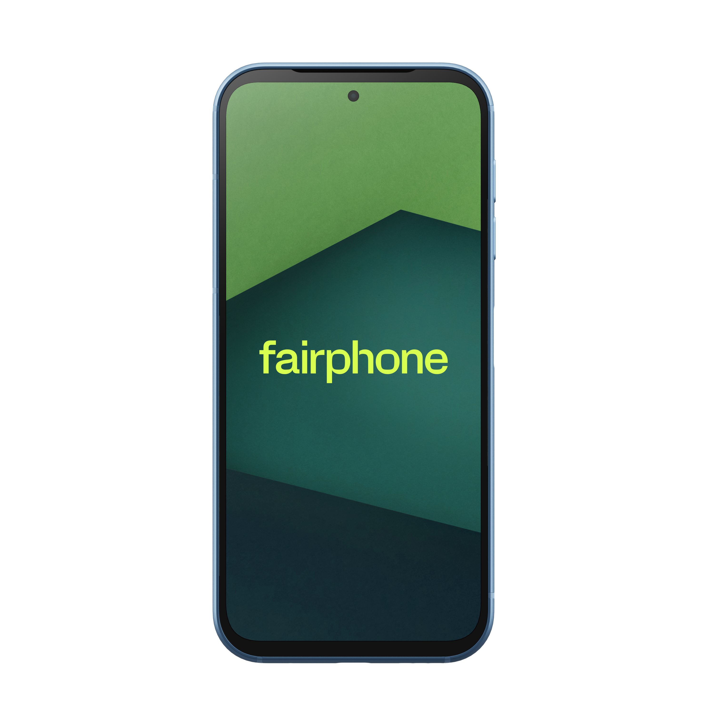 Blaues Fairphone mit grünem und türkisem Bildschirm. Der Text 'fairphone' ist auf dem Bildschirm.