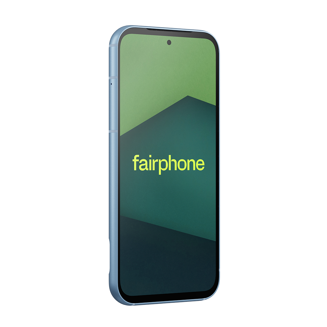 Blaues Fairphone-Smartphone. Der Bildschirm zeigt einen grünen und dunkelgrünen Hintergrund mit gelbem 'fairphone'.