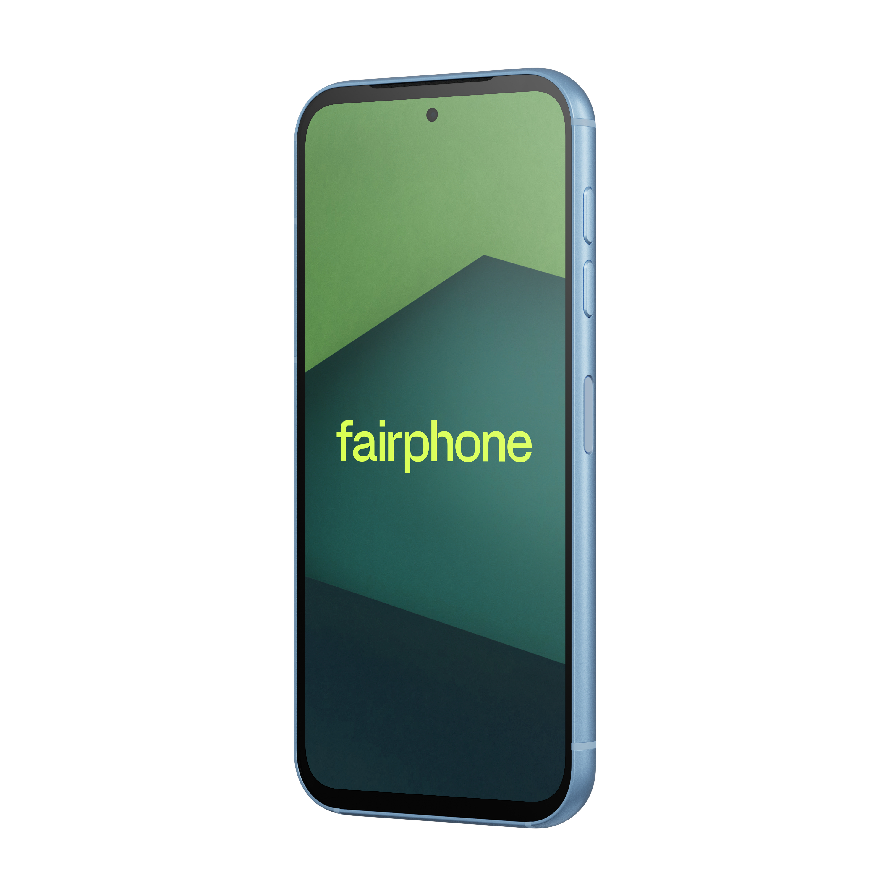 Ein hellblaues Telefon mit grün-schwarzem Display, grünem Logo und blauem Rahmen.
