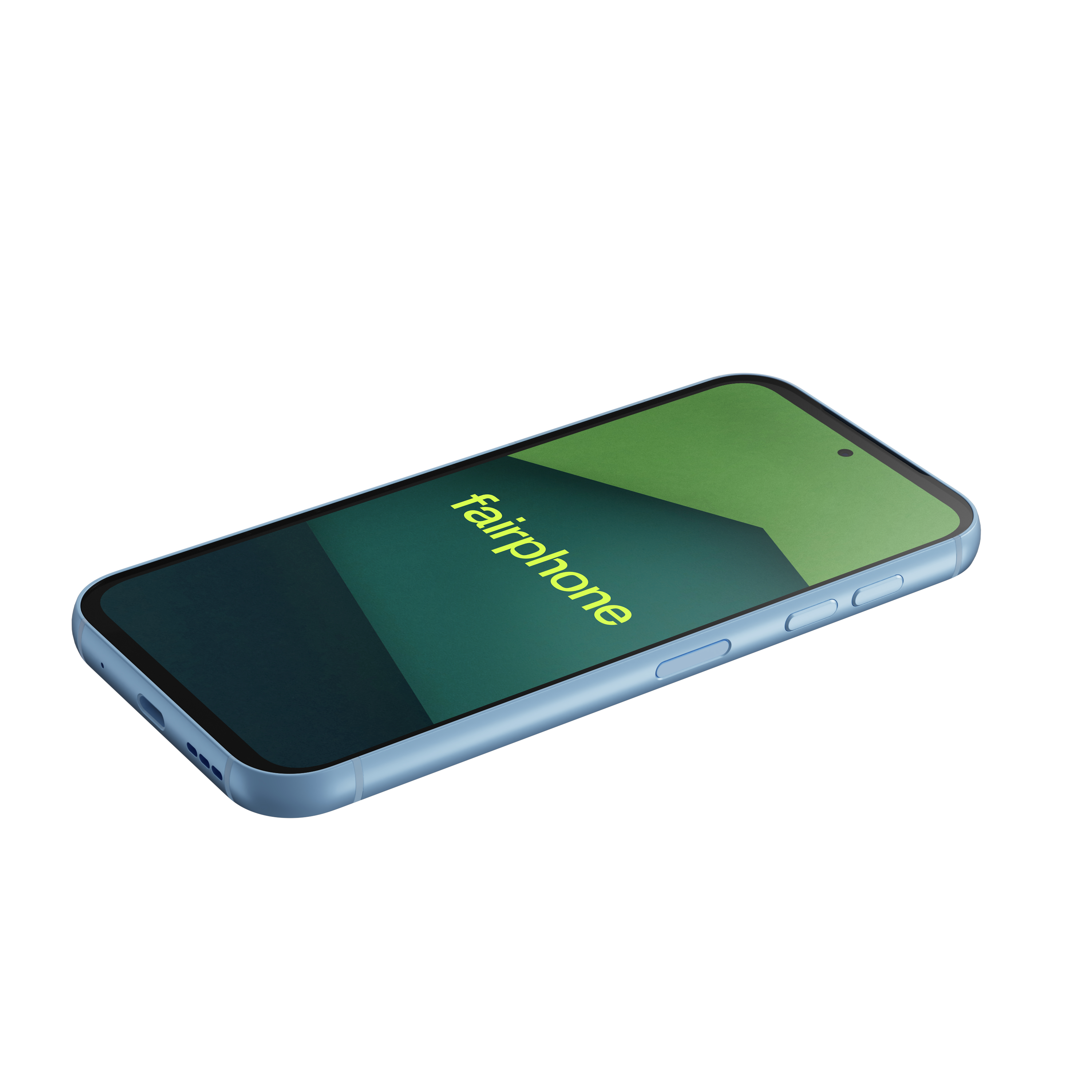 Blaues Fairphone-Smartphone. Der Bildschirm zeigt einen grünen und dunkelgrünen Hintergrund mit gelbem 'fairphone'.