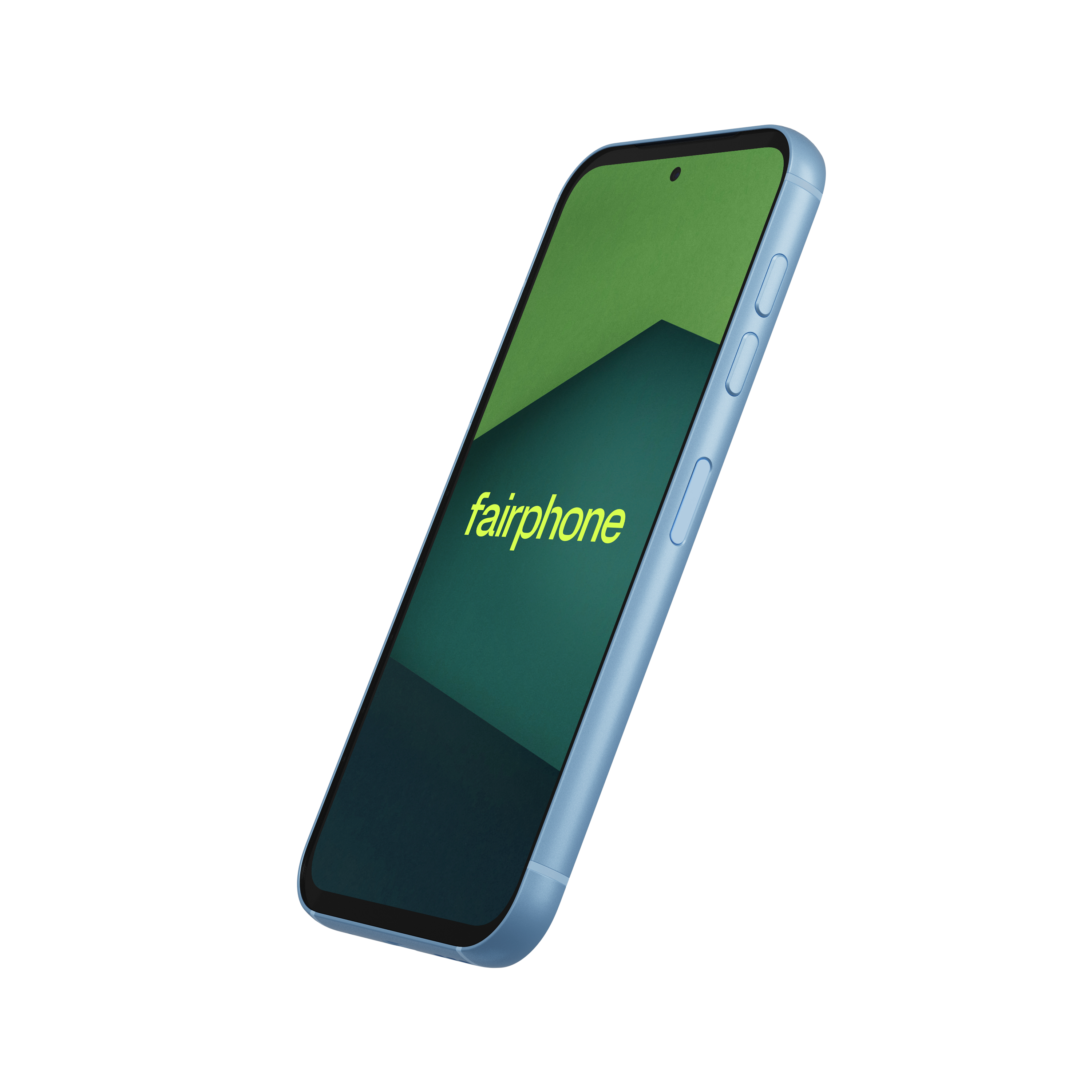 Blaues Fairphone. Grüner und dunkelblauer Bildschirm mit dem Fairphone-Logo. Weißer Hintergrund.