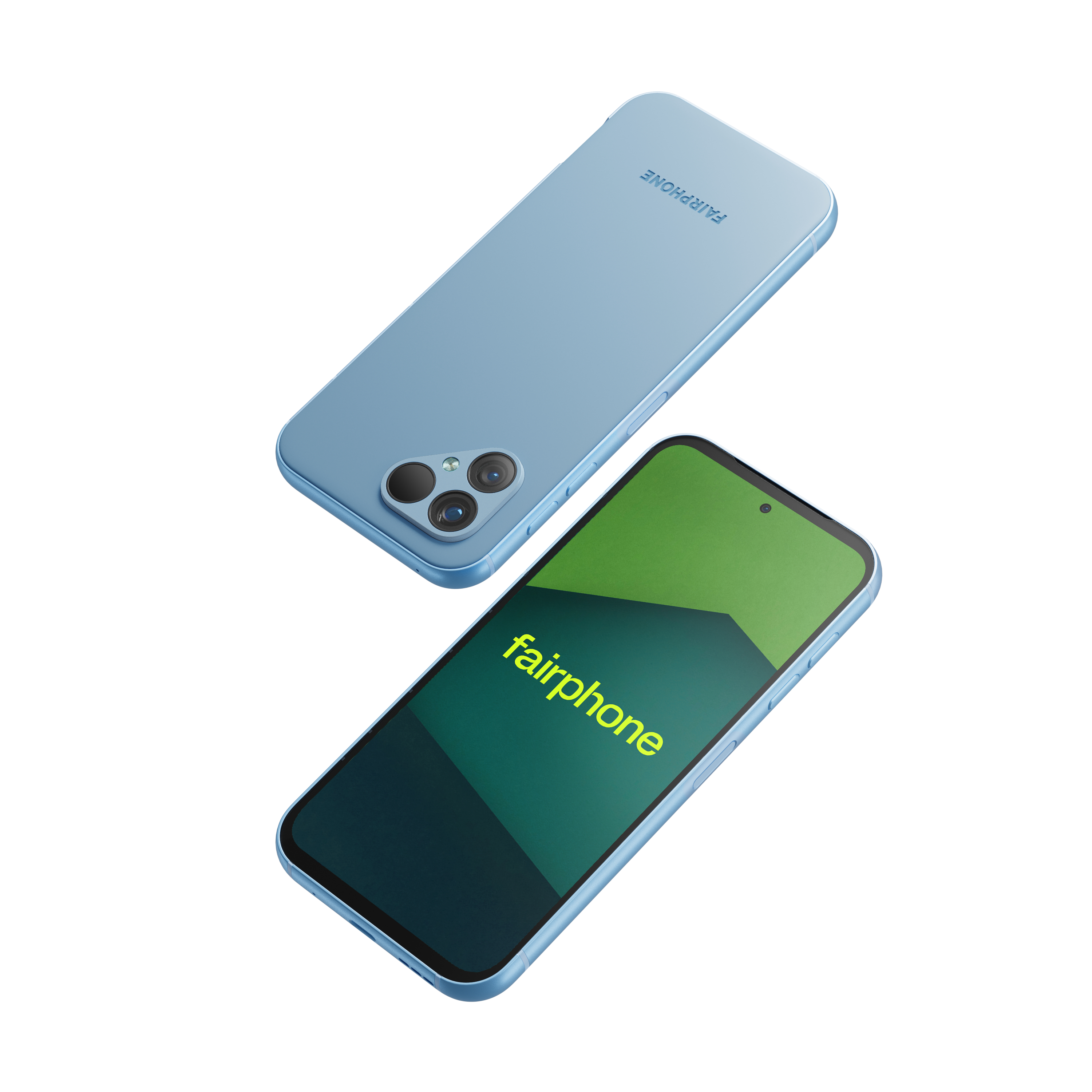 Zwei blaue Fairphone-Smartphones, eines zeigt den Bildschirm und das andere die Rückseite. Fairphone-Logo auf beiden.