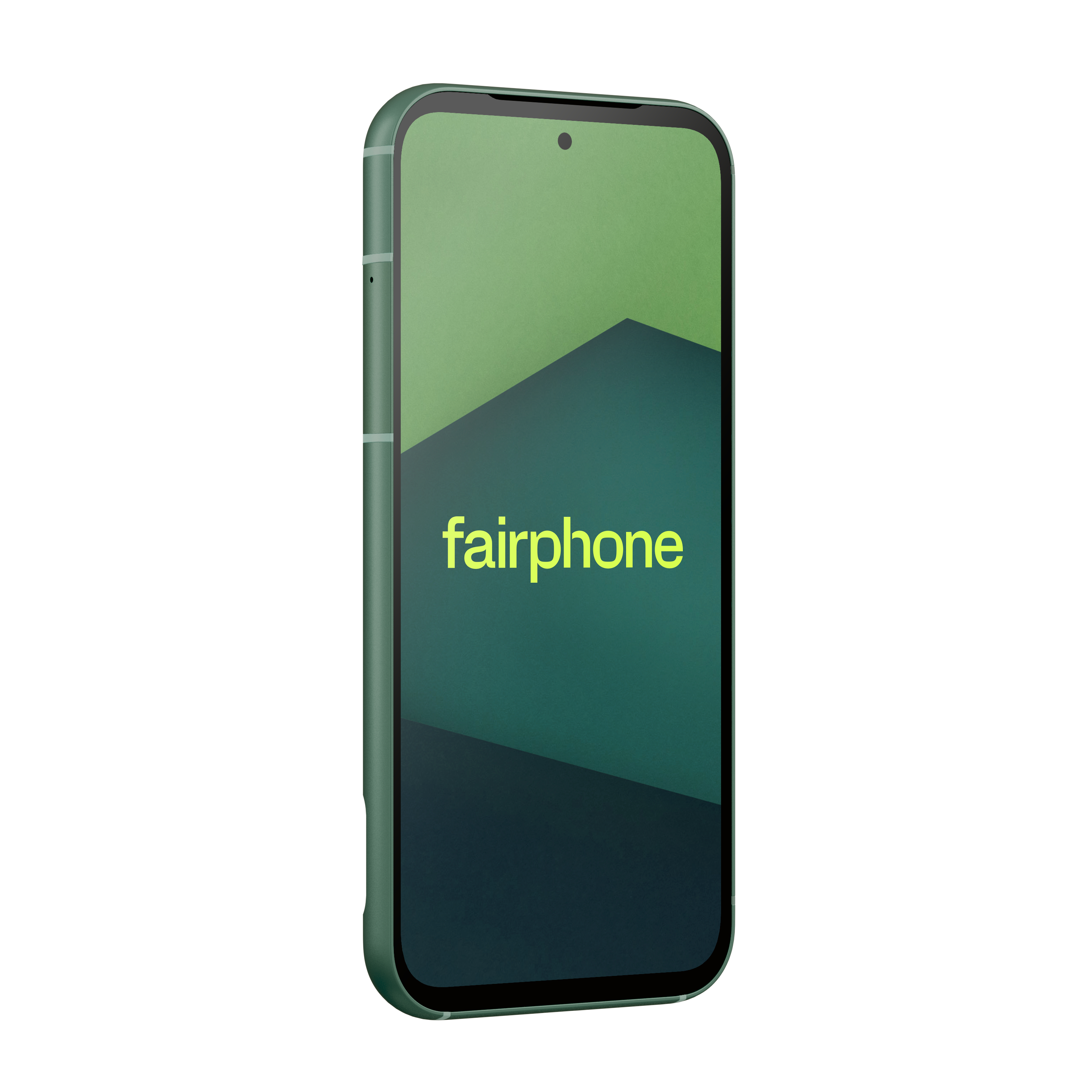 Grünes Fairphone, angewinkelt, zeigt den Bildschirm mit Logo, dunkles und helles Grün.
