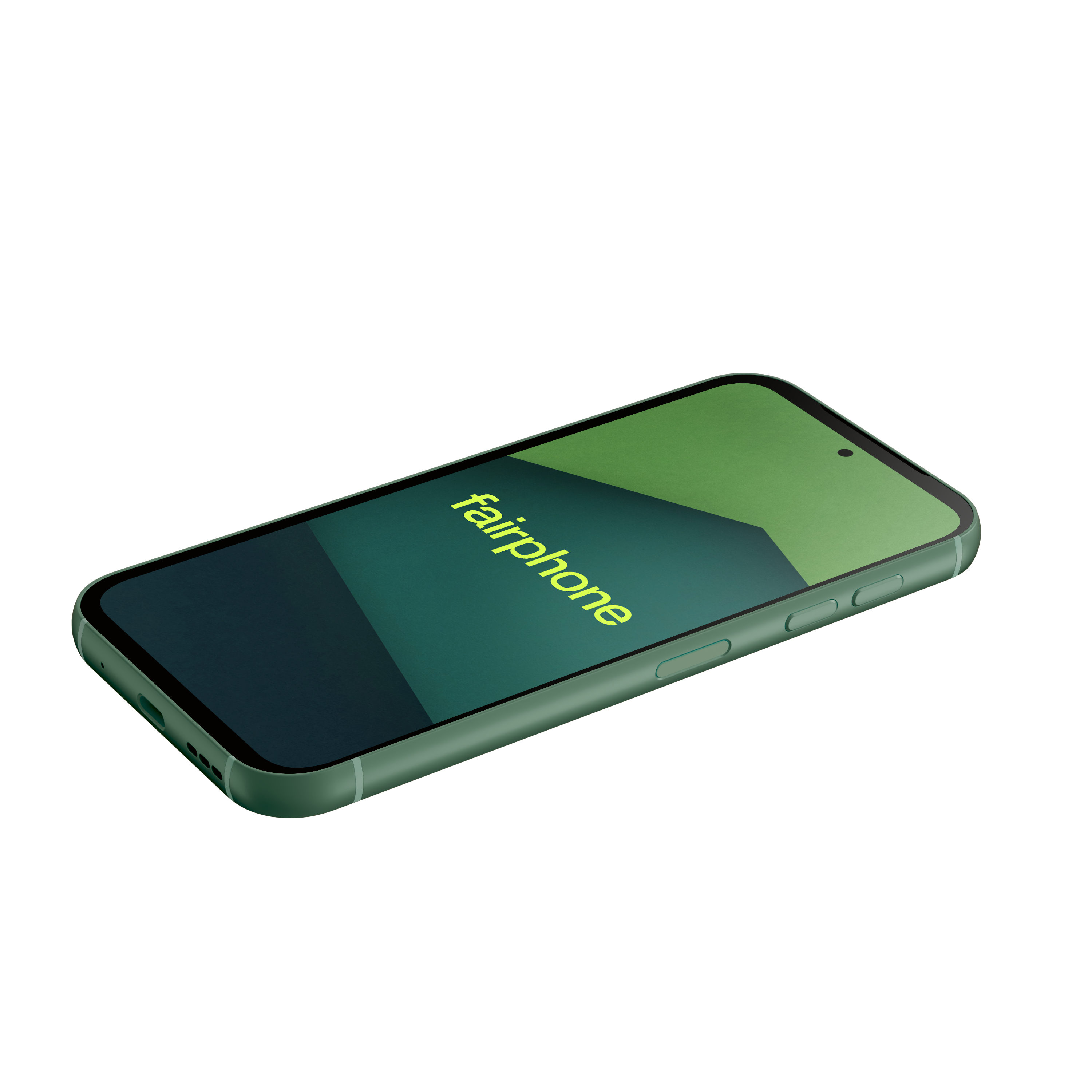 Grünes Fairphone auf weißem Hintergrund.