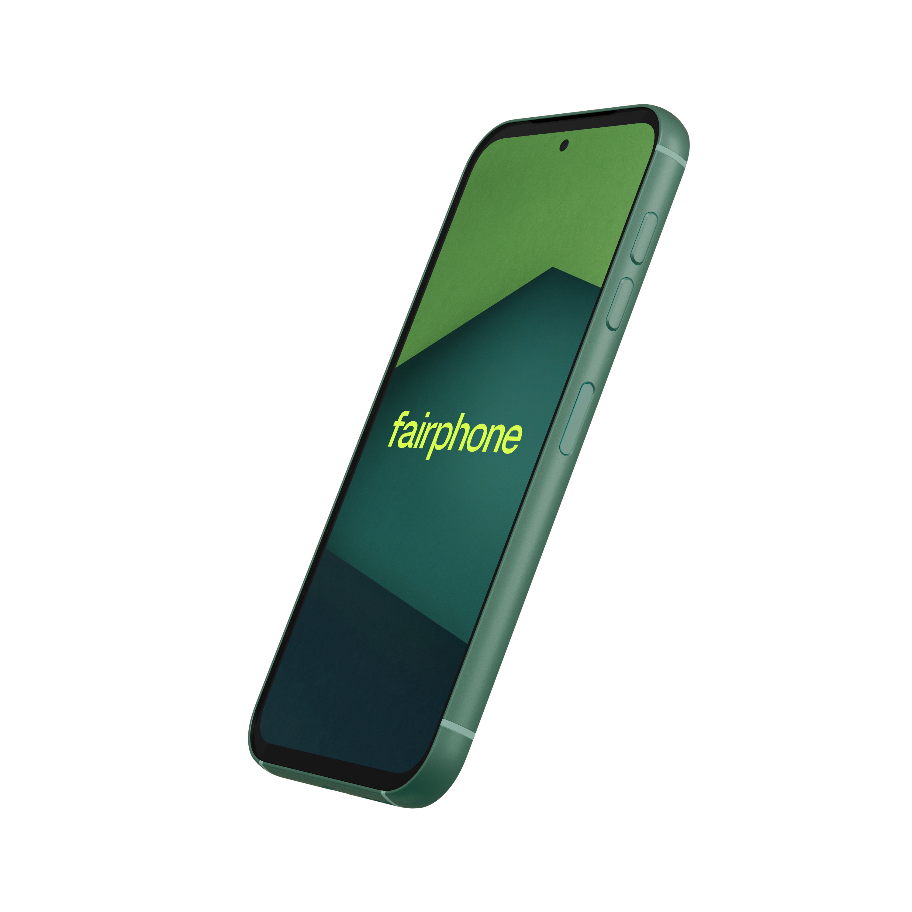 Ein grünes Fairphone mit gelbem Fairphone-Logo auf dem Bildschirm.