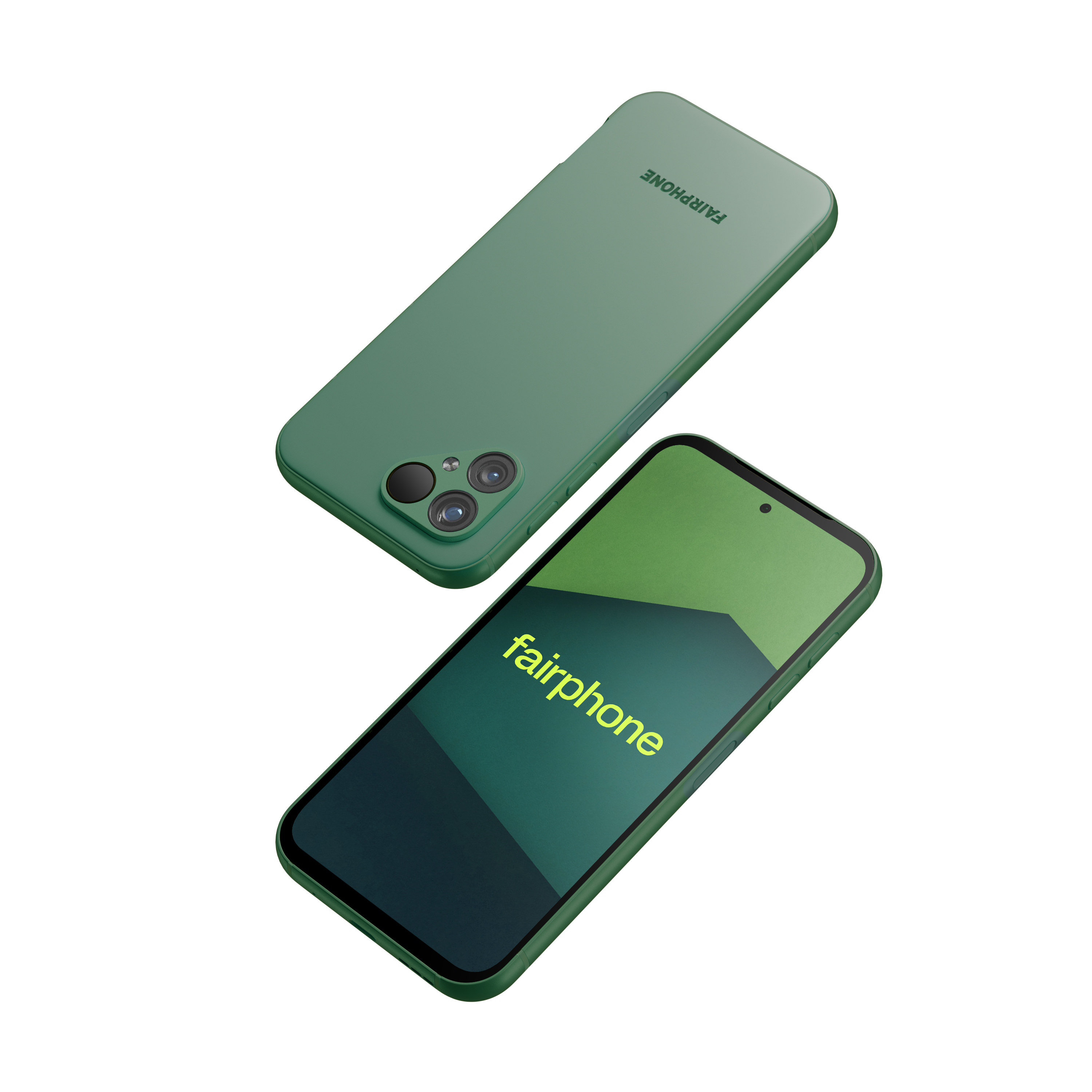 Zwei Fairphone-Smartphones. Grüner Rücken mit Kamera und Bildschirm mit grünem Hintergrund und 'fairphone'.