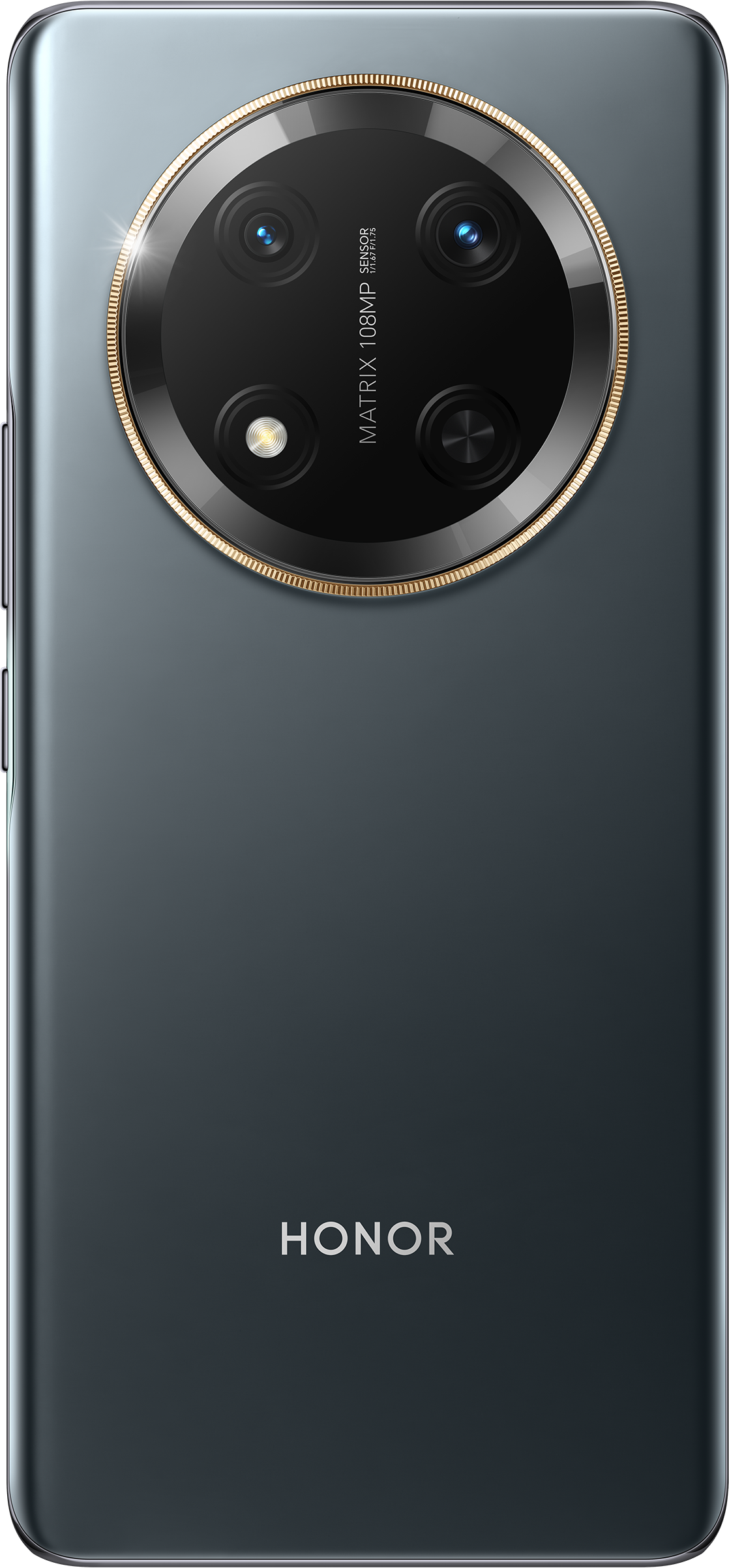 Egy szürke Honor telefon hátulról. Négy lencsés kamerarendszere van.