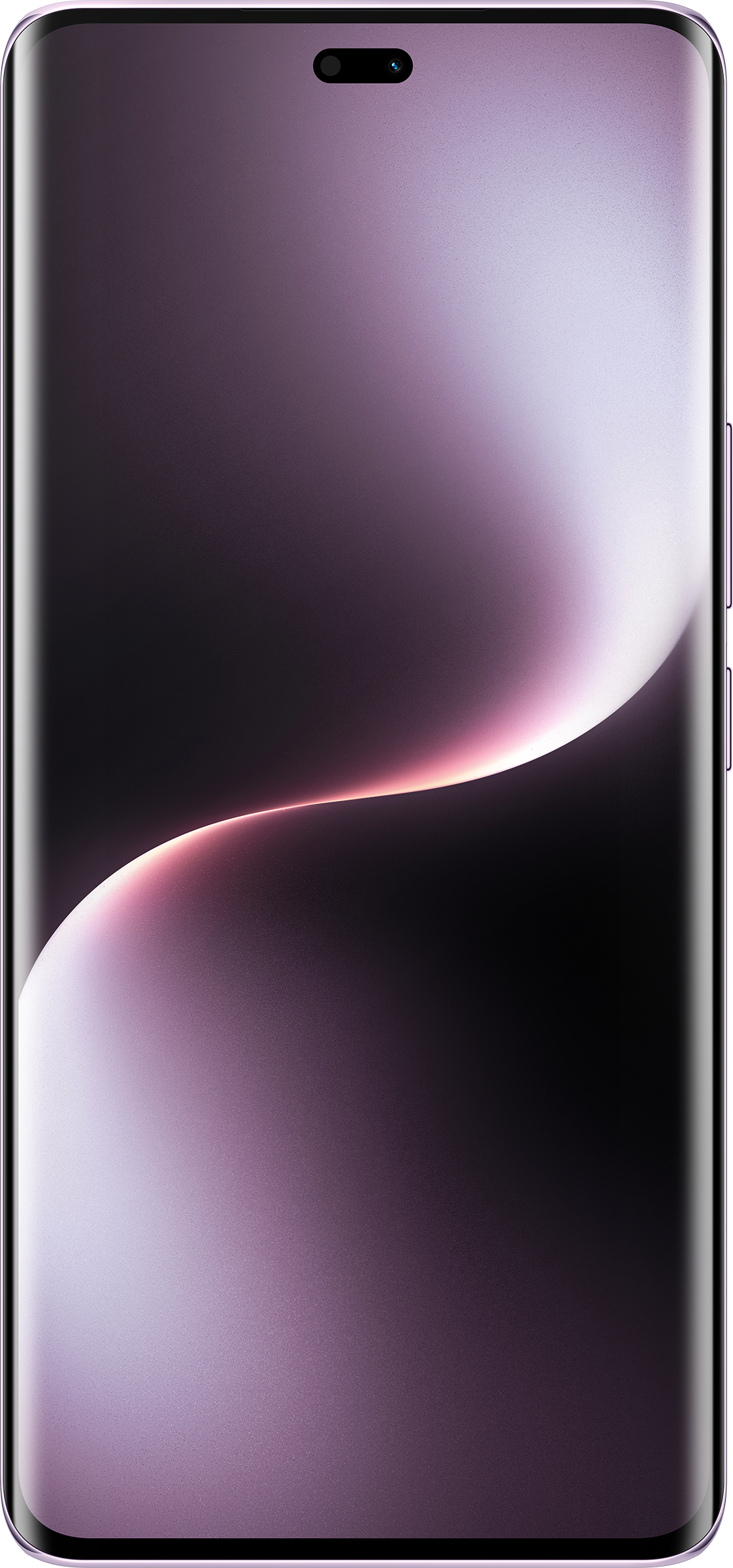 Ívelt kijelzős okostelefon, lila-fekete színátmenettel, lyukas kamerával a tetején.