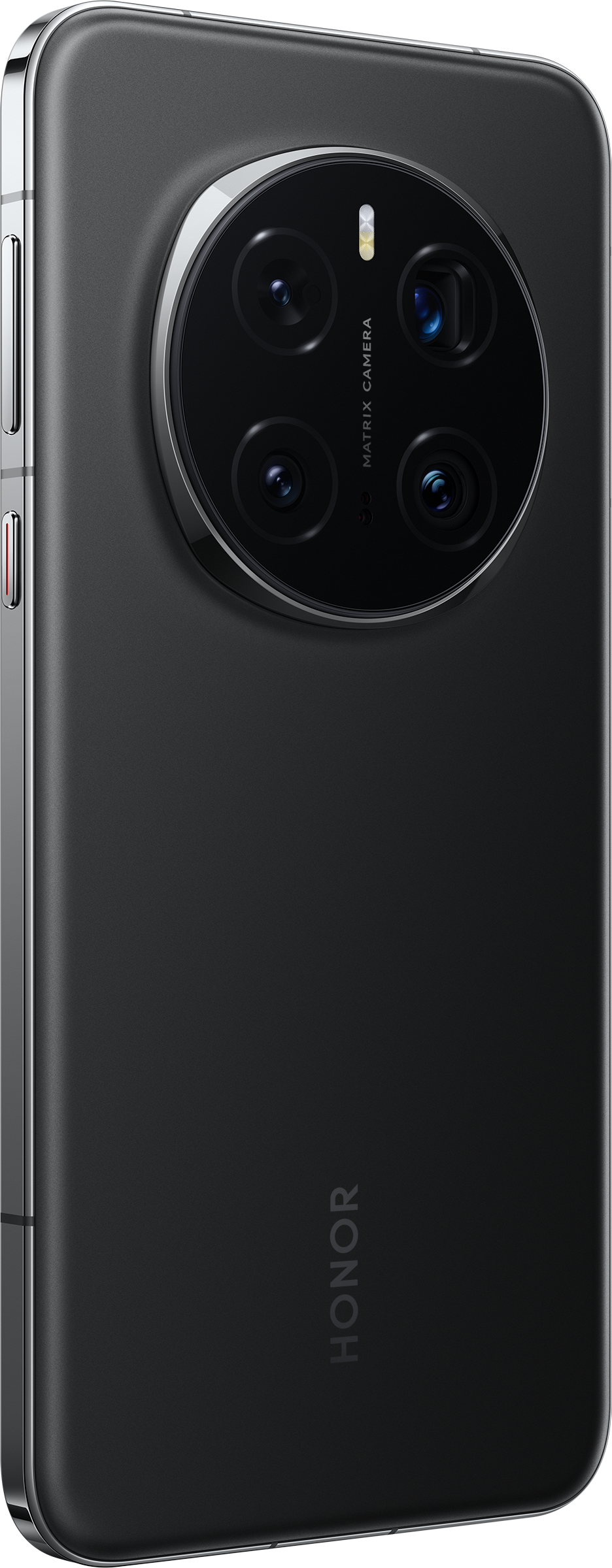 Fekete Honor telefon hátlap. Nagyméretű kameramodul négy lencsével. HONOR logó. Ezüst keret.