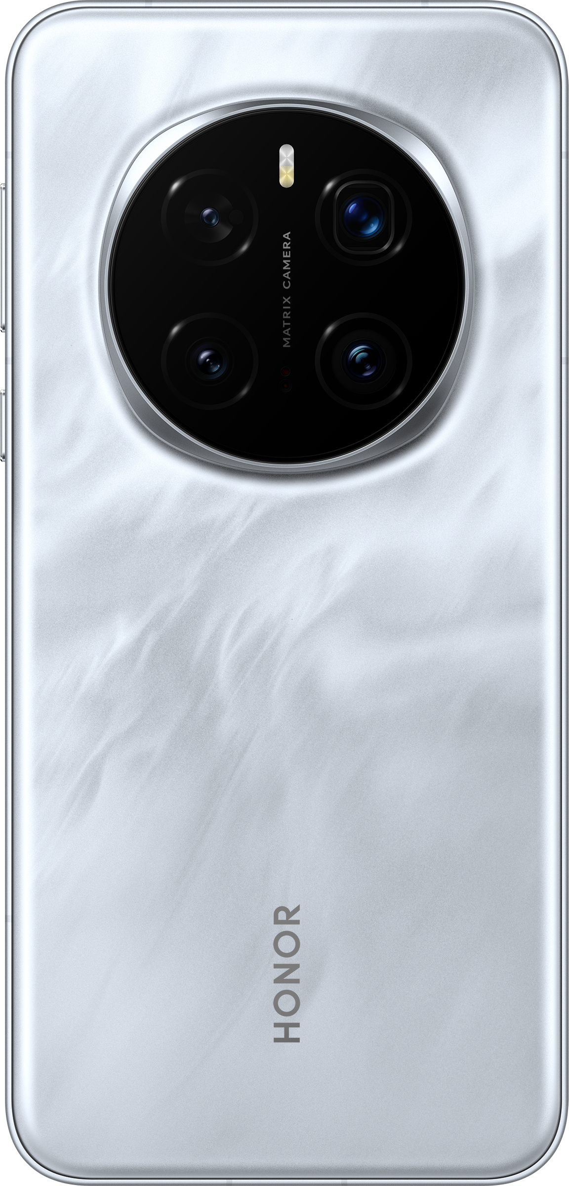 Fehér Honor telefon nagyméretű, kör alakú kameramodullal a hátoldalon.