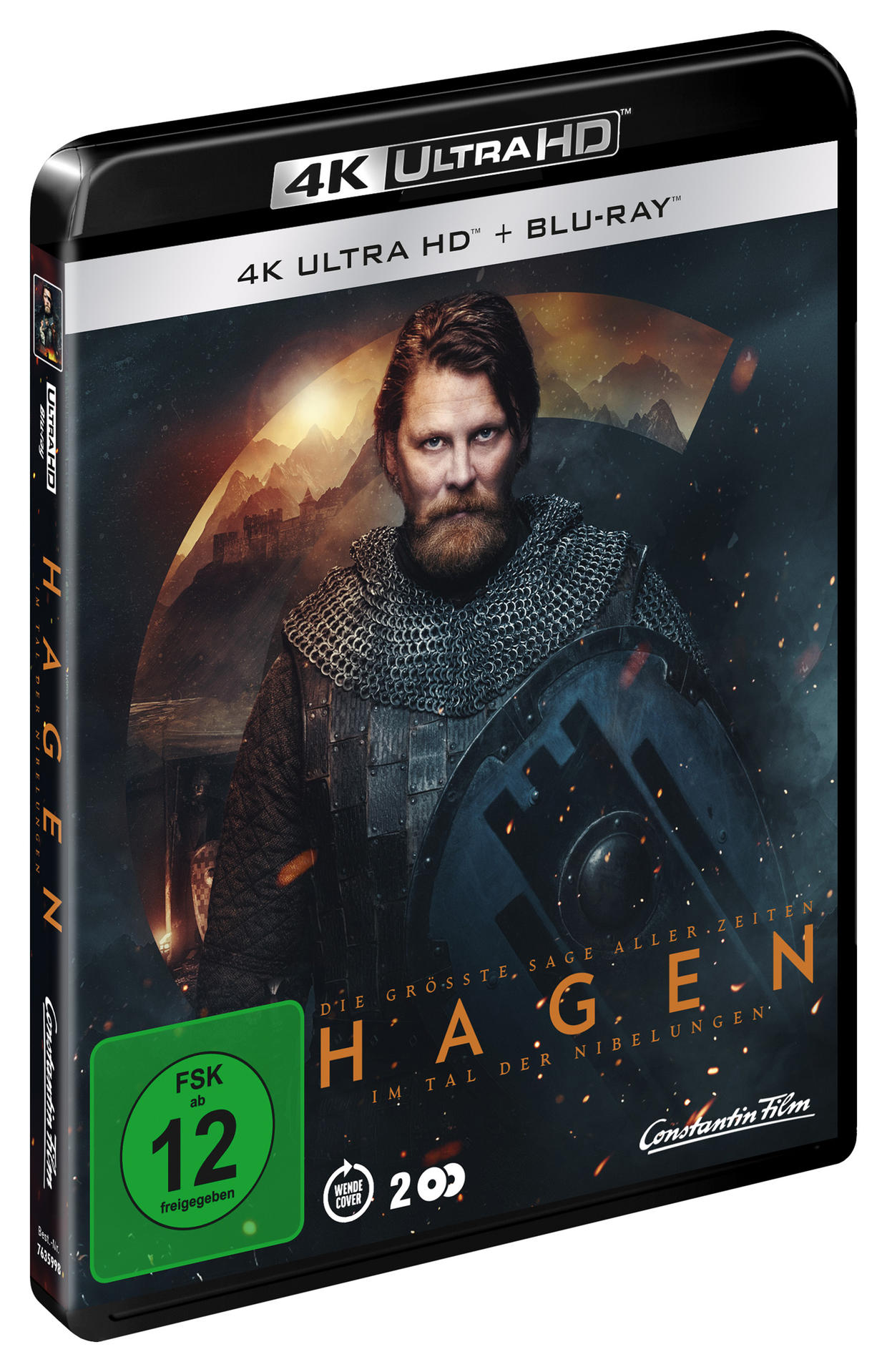 DVD-Cover von Hagen. Mann in Kettenhemd mit Schild. Deutscher Text. Schwarzer Hintergrund.