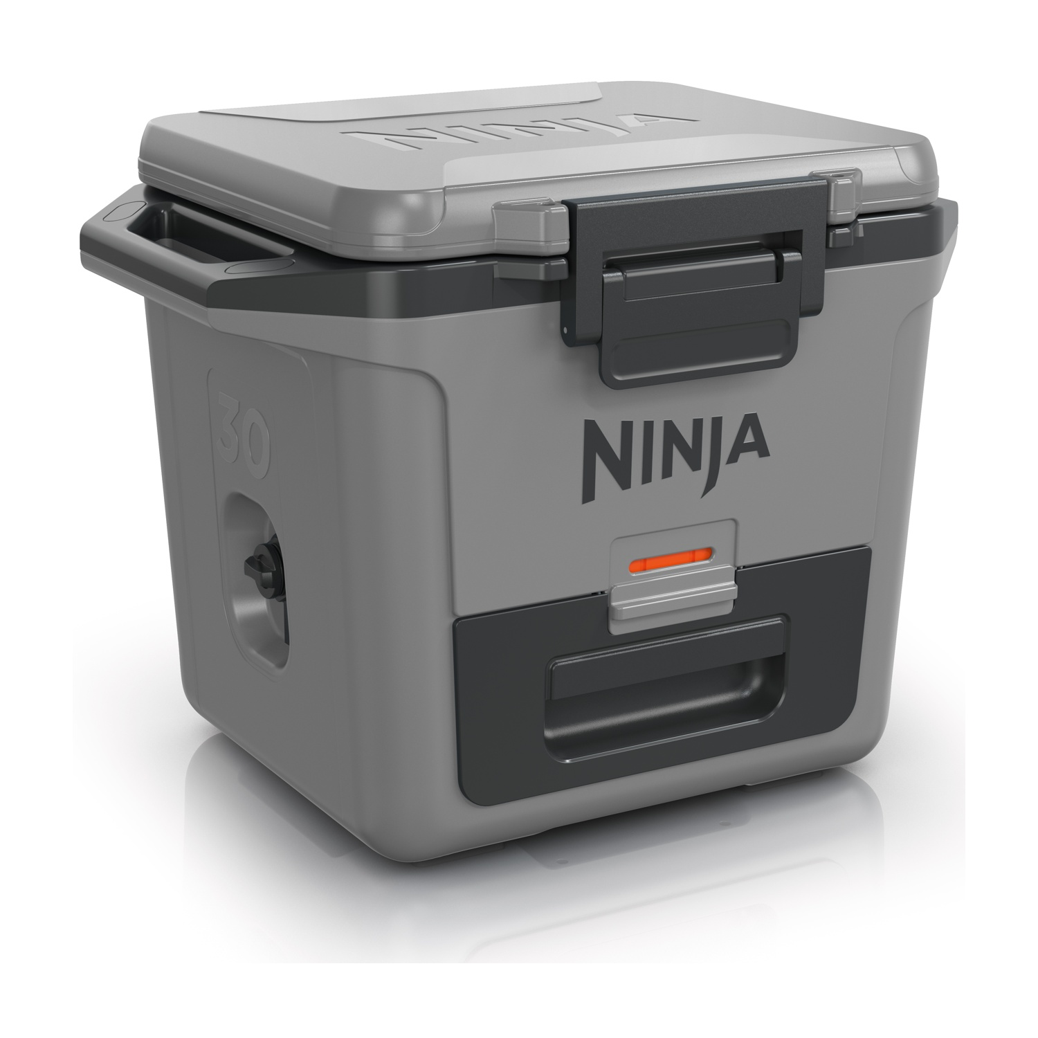 Contenitore termico Ninja grigio. Chiuso. Maniglia e logo neri. Coperchio e base grigi. Sfondo bianco.