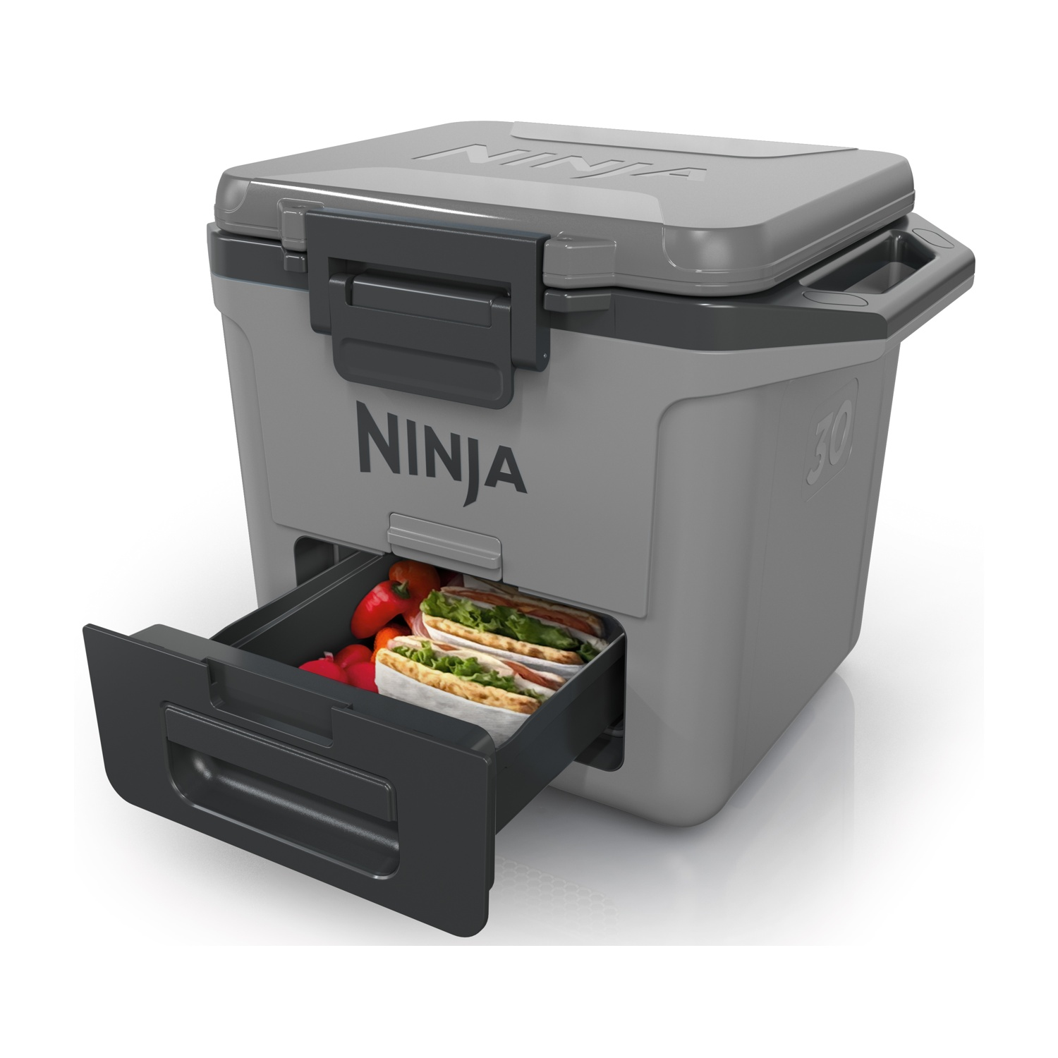 Un refrigeratore grigio con 'NINJA' sul davanti. Ha un cassetto con cibo e un coperchio grigio.