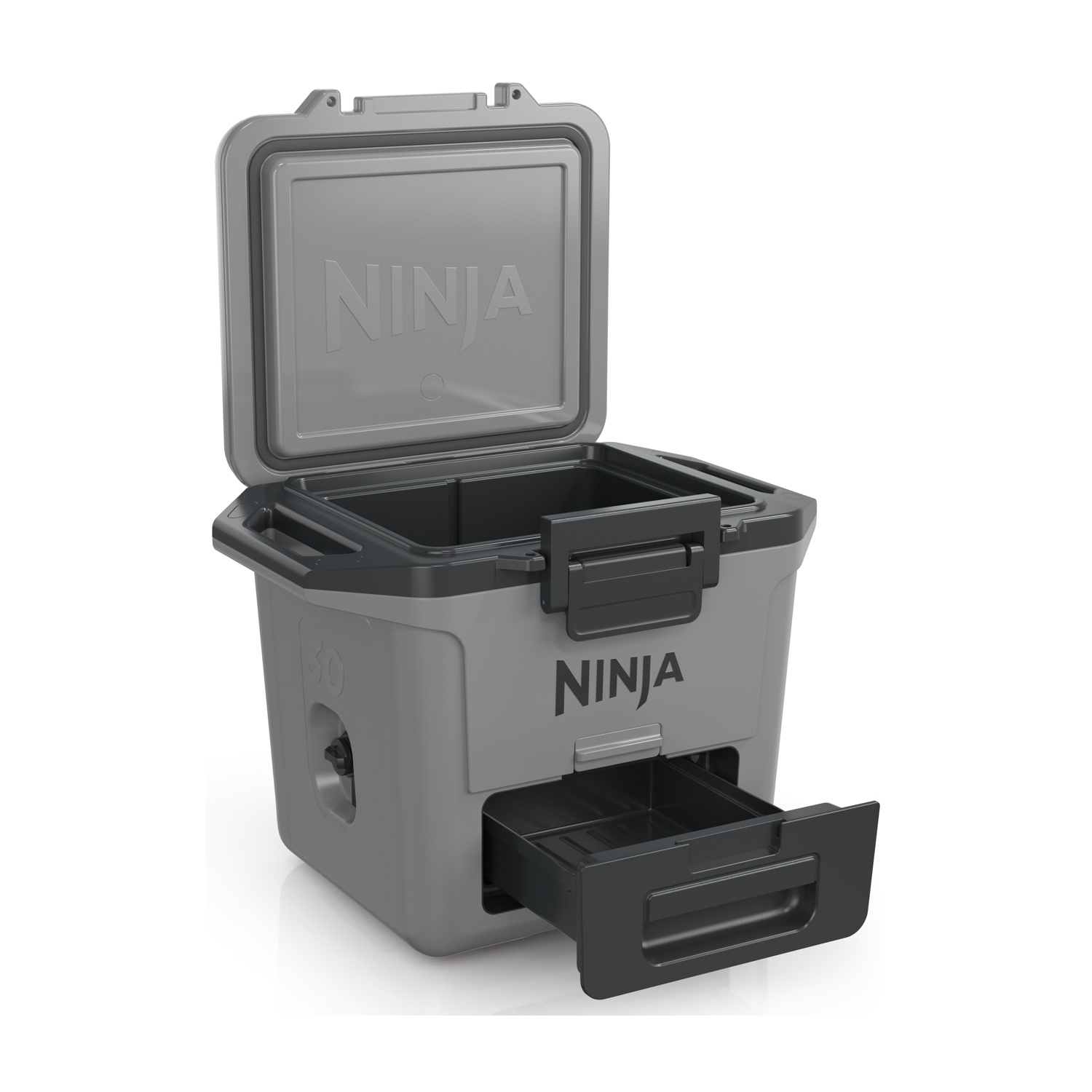 Contenitore termico Ninja grigio. Coperchio aperto. Cassetto nero estratto. Sfondo bianco.