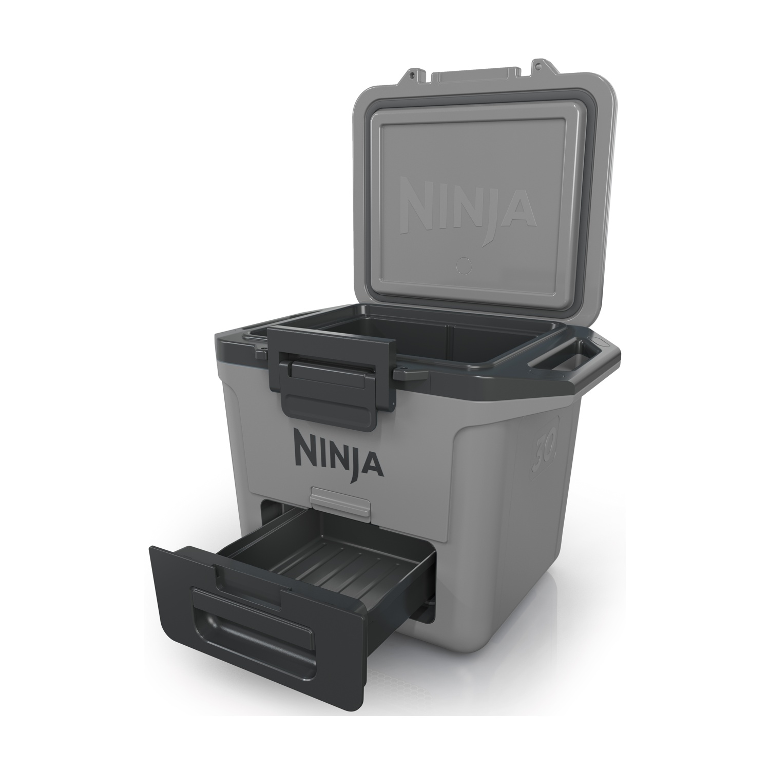 Frigorifero Ninja grigio con coperchio aperto, cassetto aperto e logo Ninja.