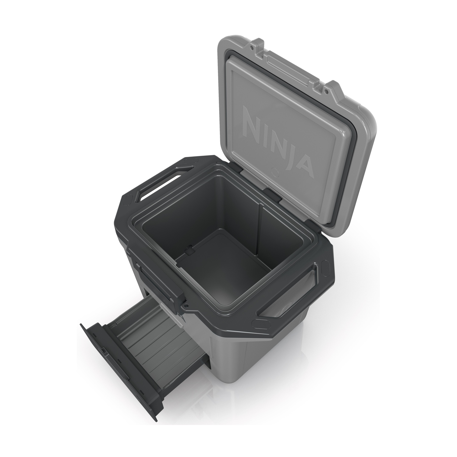 Contenitore termico grigio con coperchio aperto e cassetto.