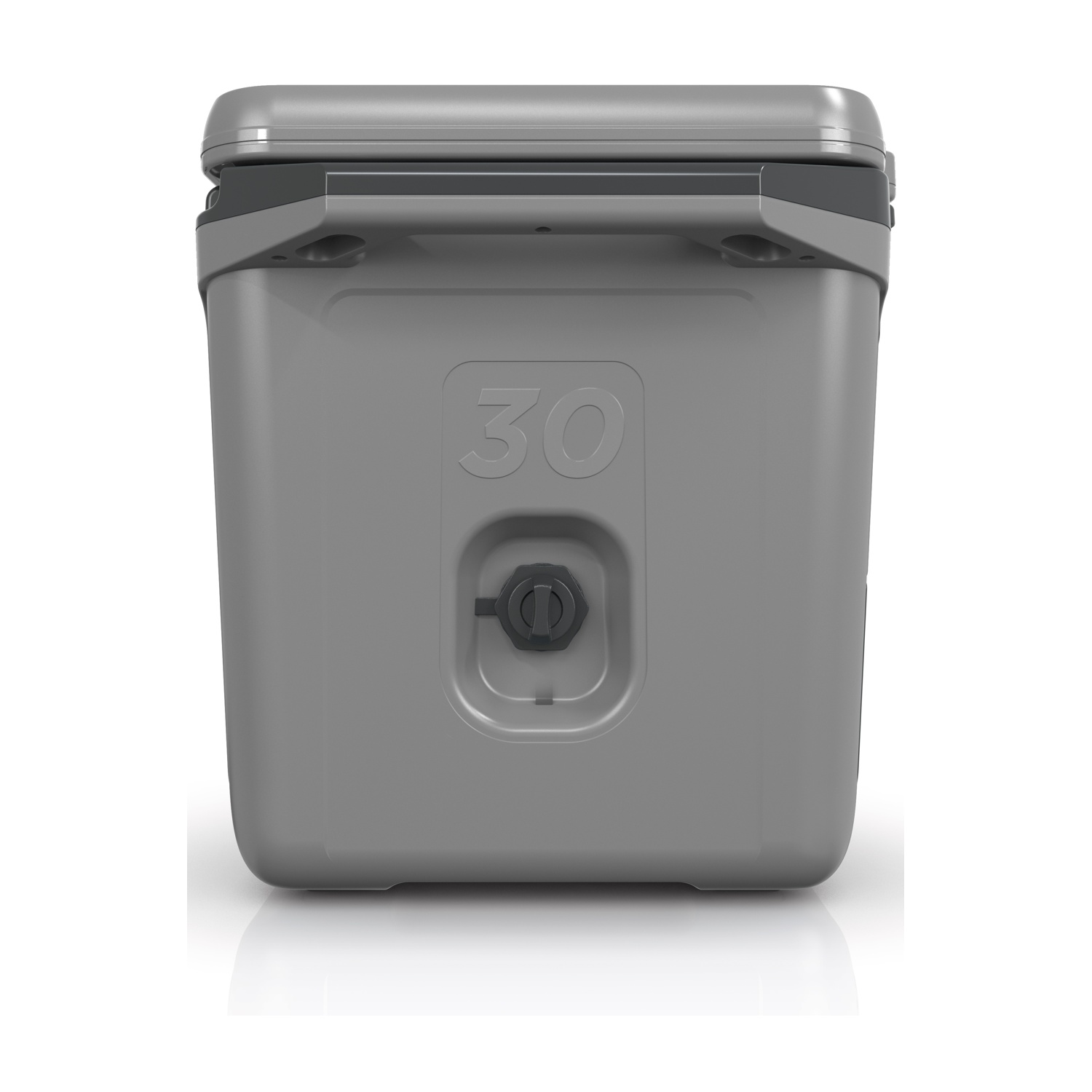 Contenitore termico Ninja grigio. Vista posteriore. Grigio con il numero 30 e una valvola nera. Sfondo bianco.