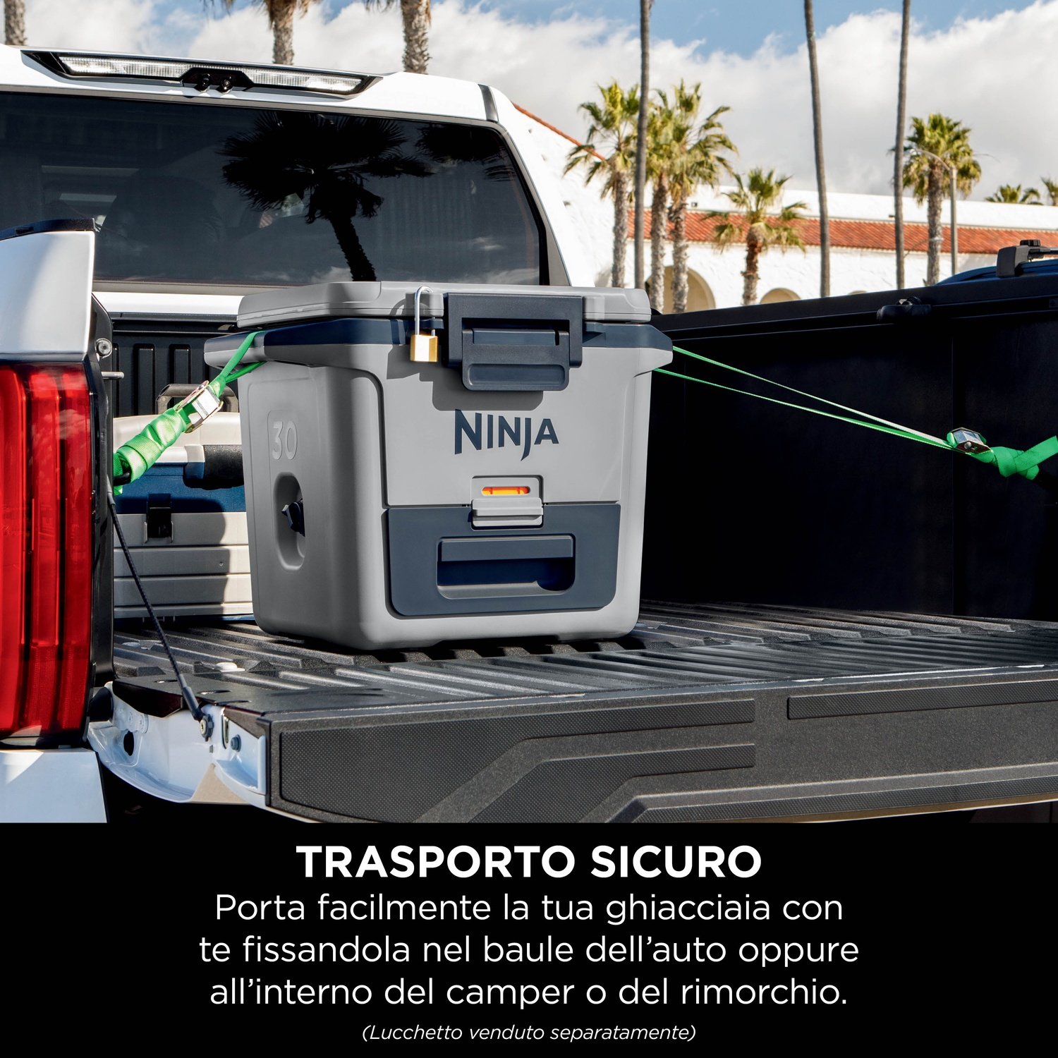 Un frigorifero nel cassone di un camion. Testo in italiano sulla sicurezza del frigorifero.