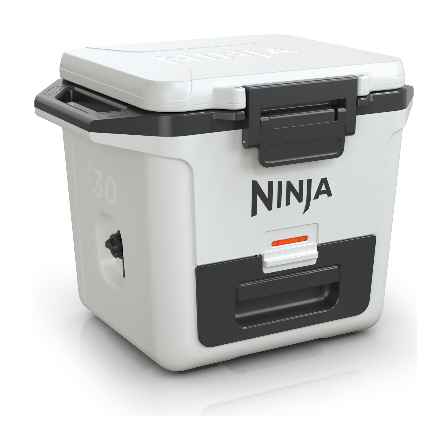 Frigorifero bianco con dettagli neri. Logo Ninja sul davanti. Pulsante di accensione arancione.