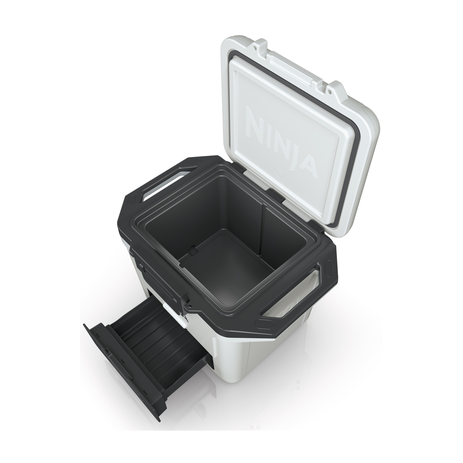 Frigorifero bianco e nero con coperchio aperto, cassetto fuori, su sfondo bianco.