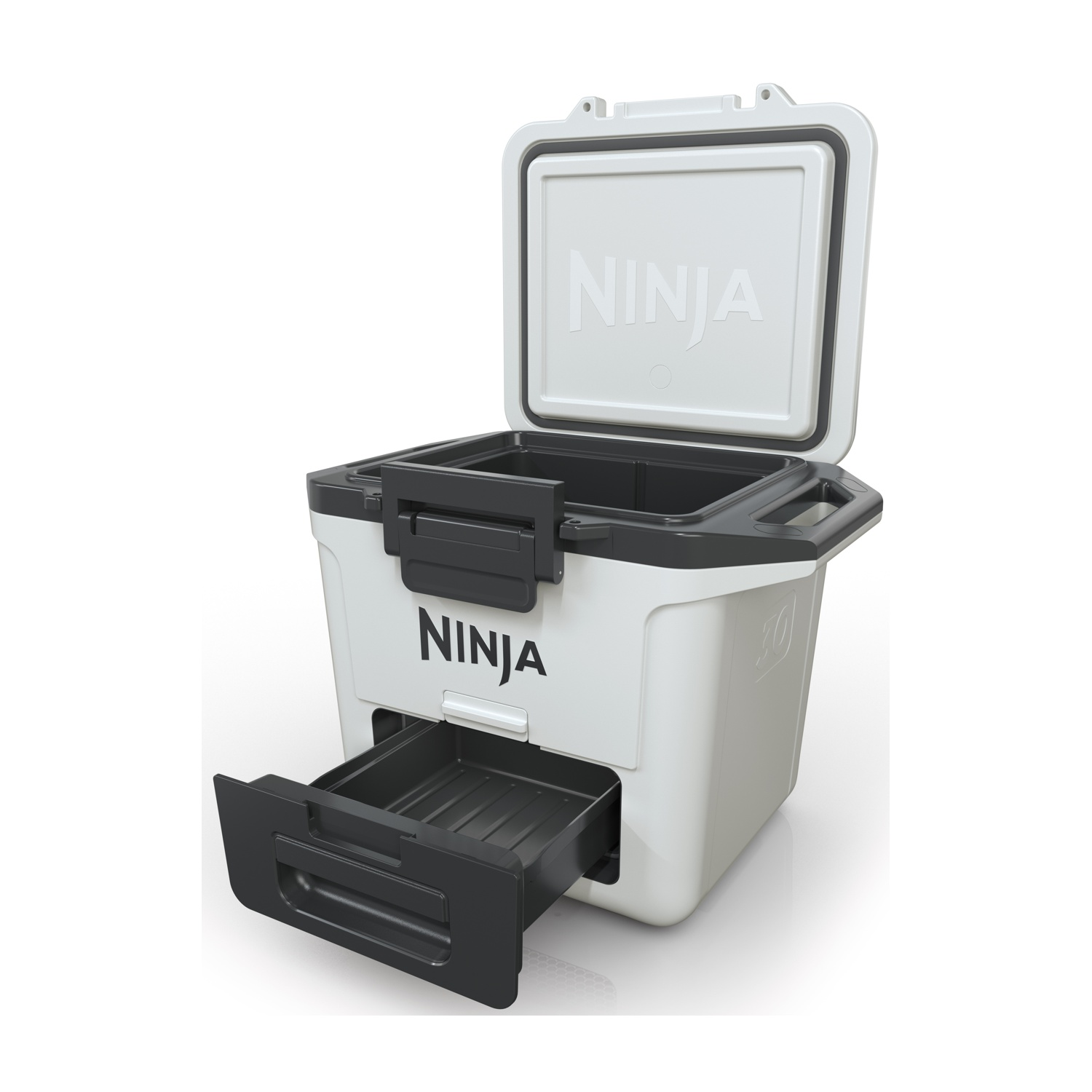 Cooler Ninja bianco, aperto. Il cooler è bianco con dettagli neri. Un cassetto nero è aperto.