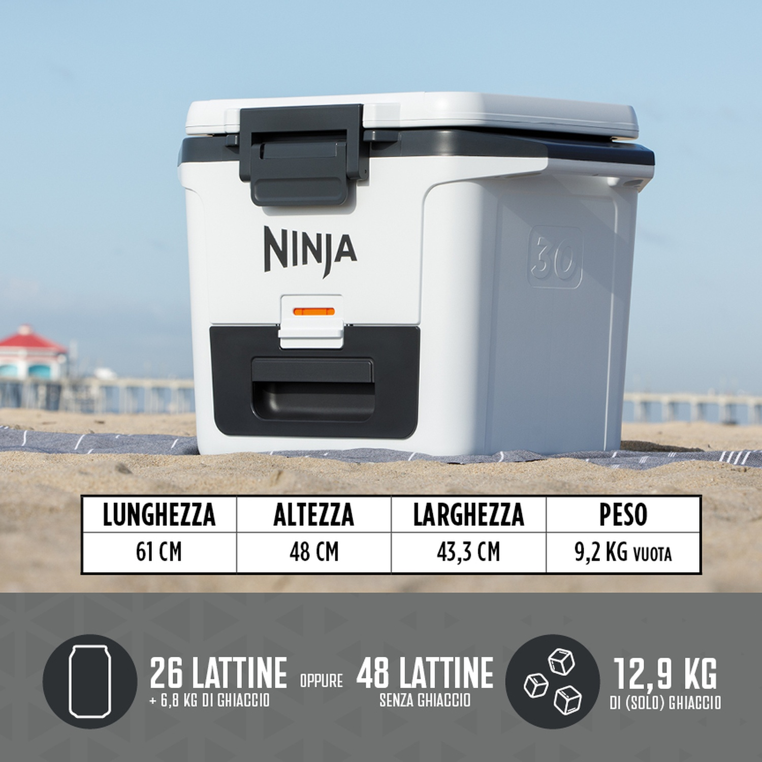 Un contenitore termico bianco e nero con le dimensioni elencate sul davanti.
