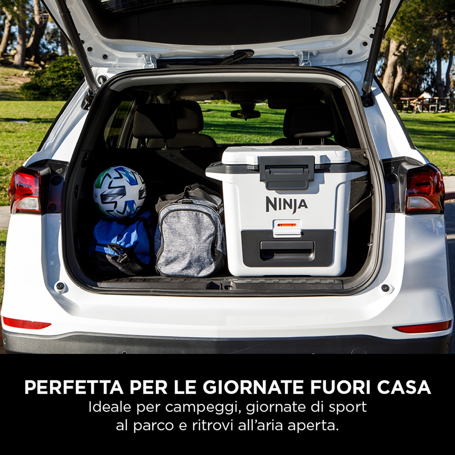 Frigorifero bianco nel bagagliaio. Altri oggetti come palla e borse sono anche nel bagagliaio.