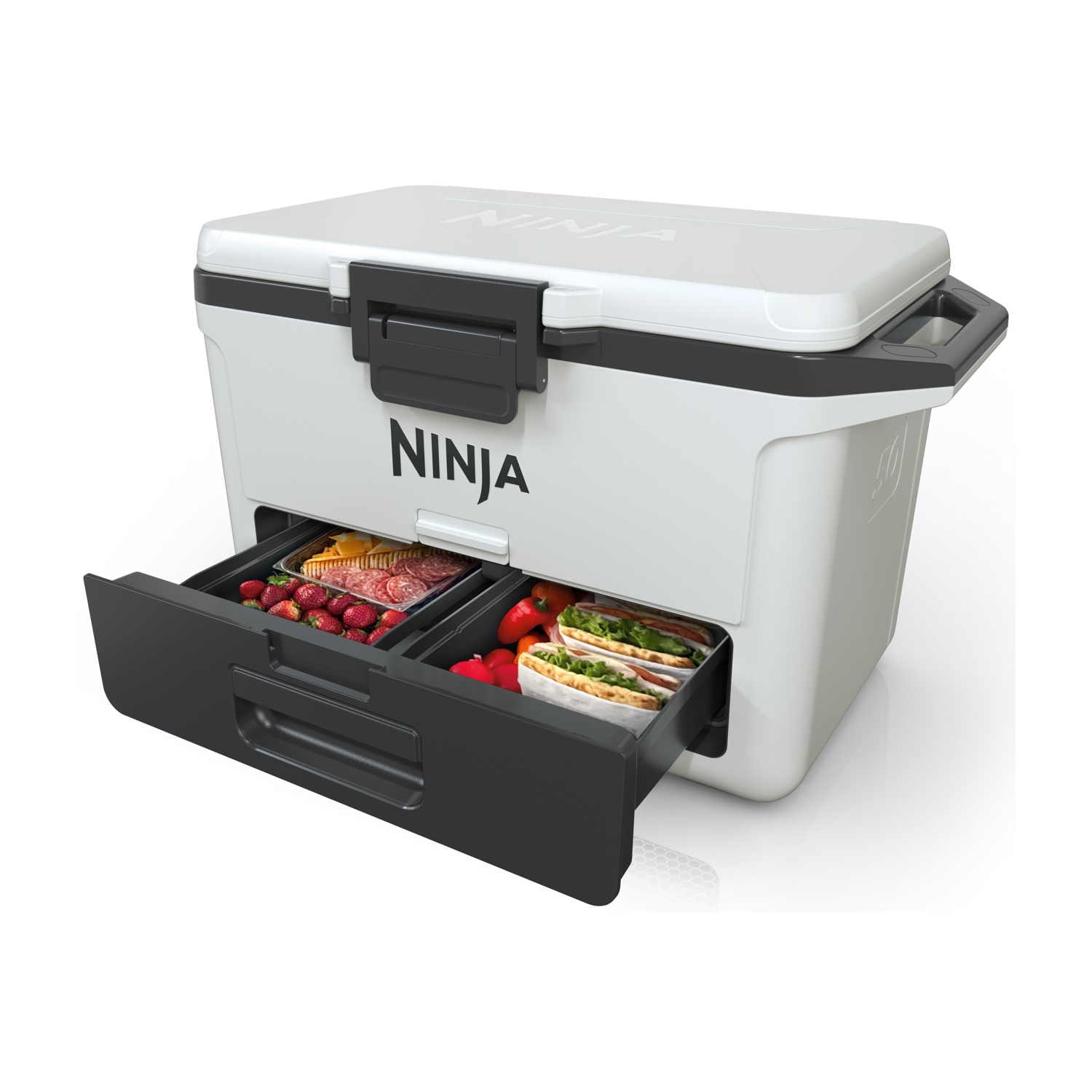 Una ghiacciaia bianca con un cassetto aperto sotto. Il cassetto contiene cibo.