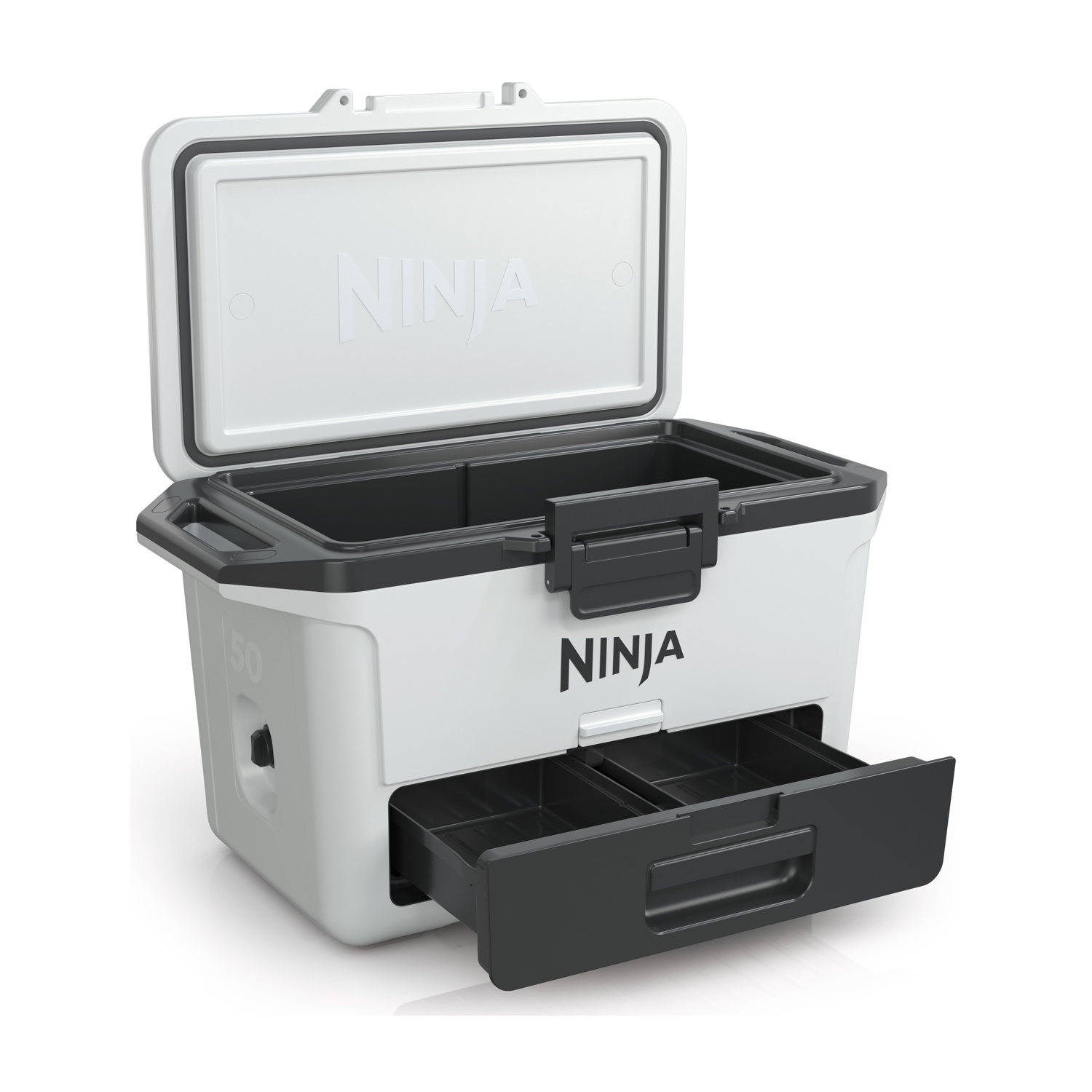 Frigorifero Ninja bianco e nero, aperto, con un cassetto aperto.