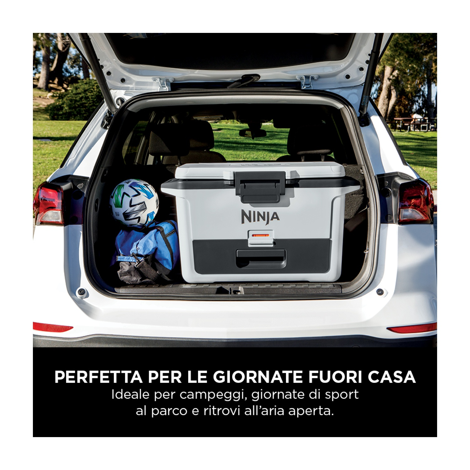 Bagagliaio aperto con frigorifero, pallone da calcio e borsa blu.
