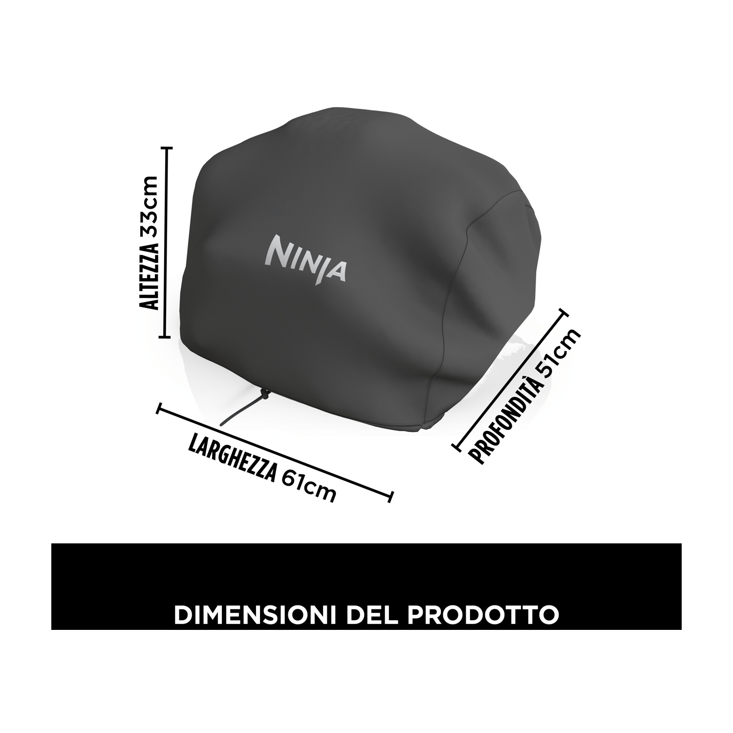 Copertura Ninja nera, dimensioni etichettate: larghezza 61cm, altezza 33cm, profondità 51cm.