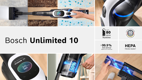 Bosch Unlimited 10 Staubsauger, Details von Teilen und Text.