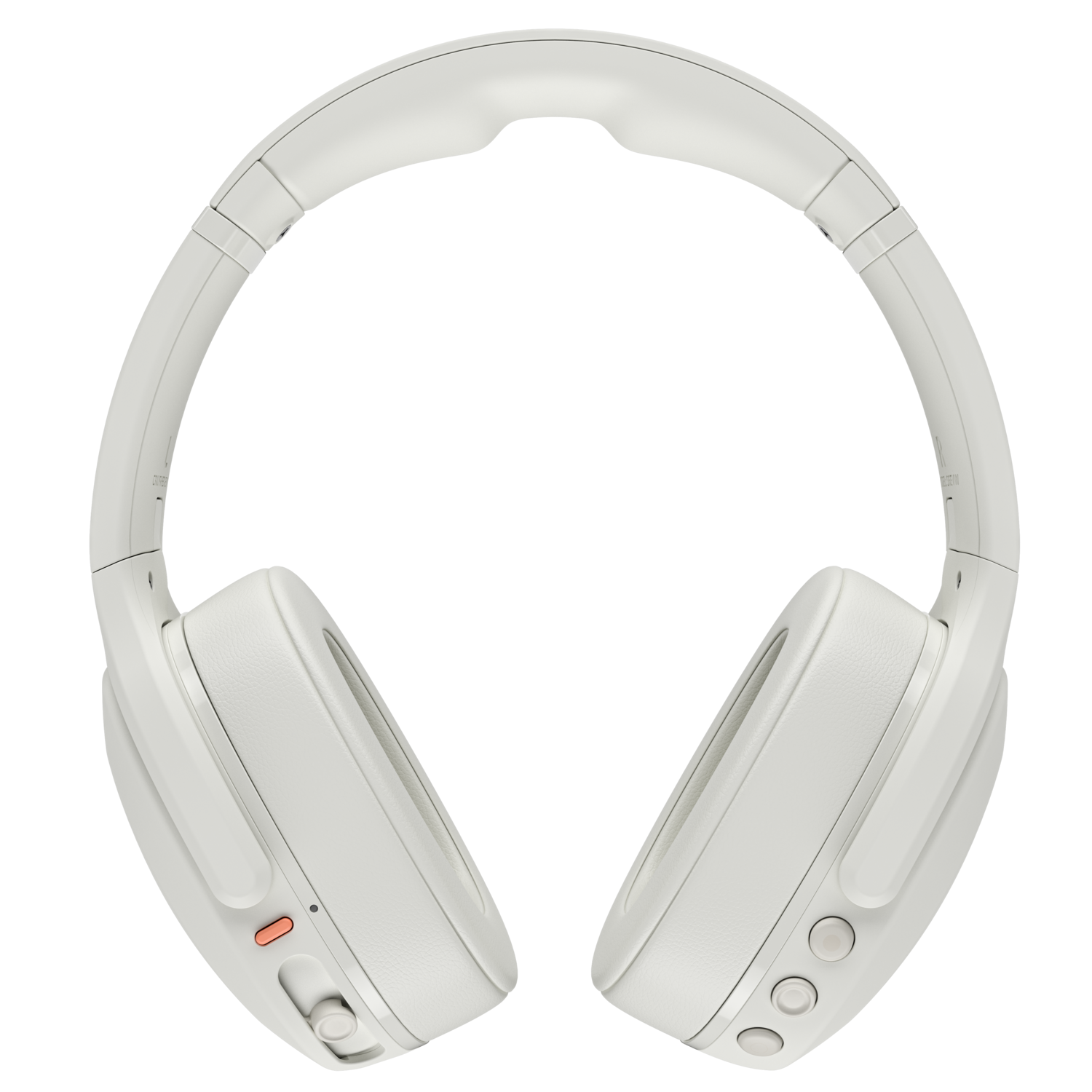 Over-ear white headphones with buttons and a microphone. The headphones are on a black background.