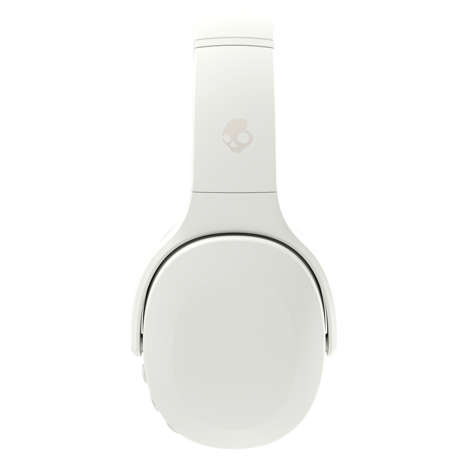 White headphones, top view, showing the top of the band and the ear cups. Skull logo on band.