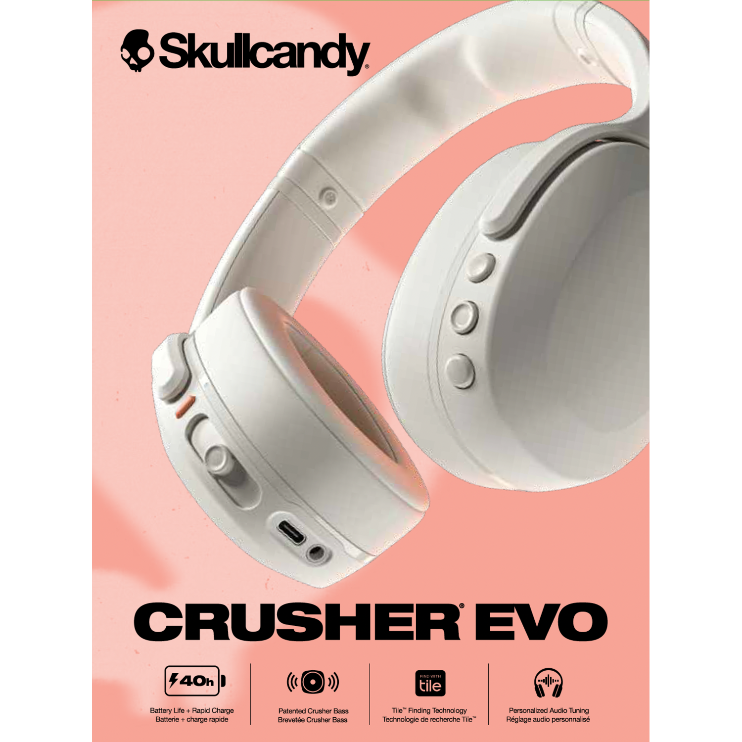 White Skullcandy headphones on pink background with text.
