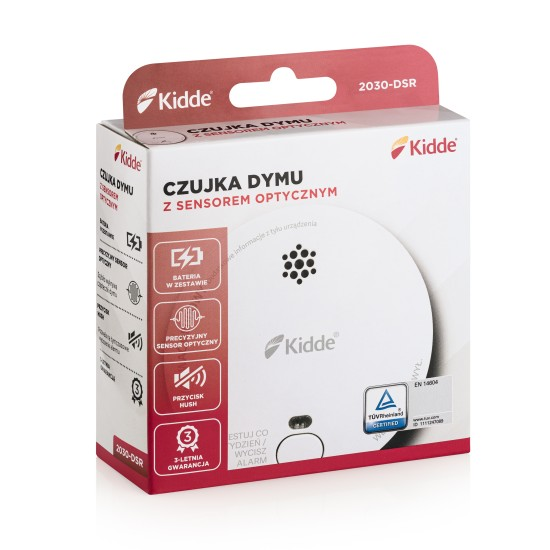Białe pudełko czujnika dymu Kidde. Tekst i ikony na pudełku z logo Kidde.