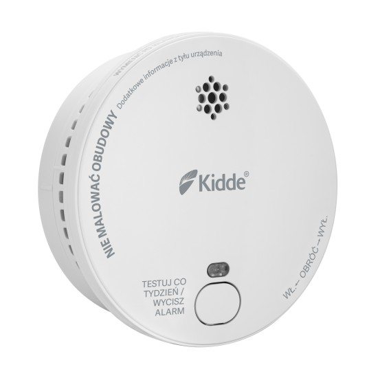 Biała czujka dymu Kidde, okrągła, z etykietami i przyciskiem testu.