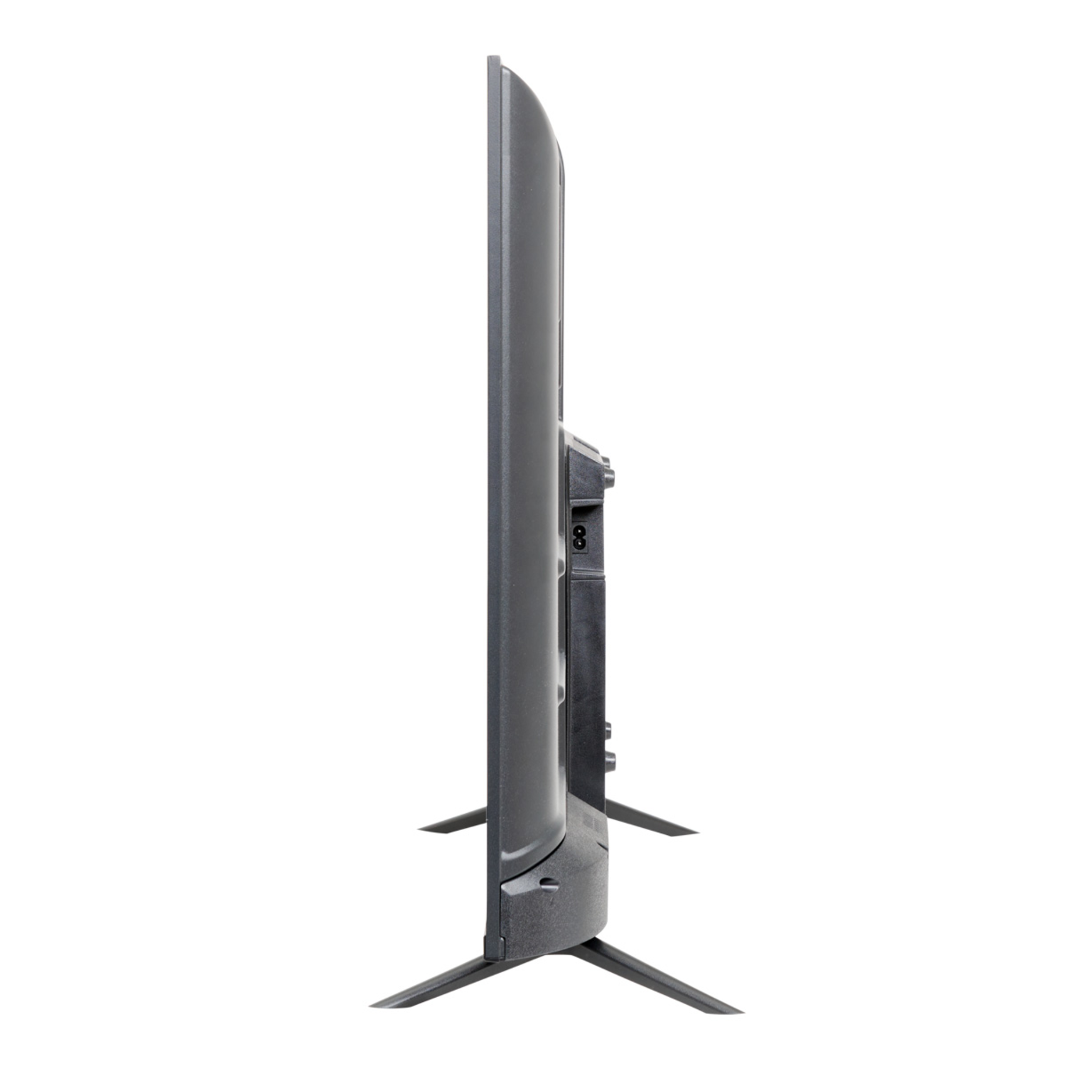A side view of a black TV screen with a stand, on a white background.