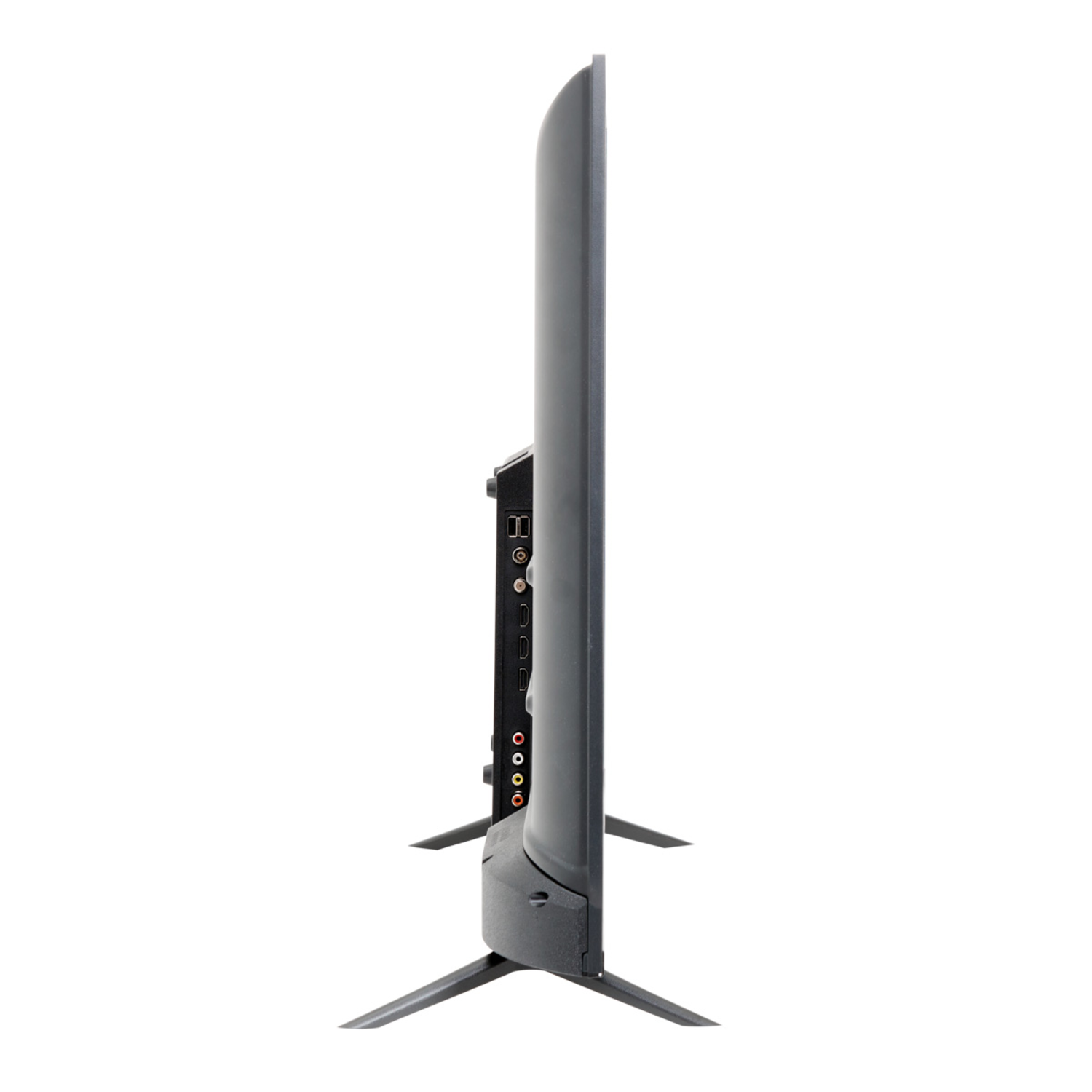 A side view of a black TV screen with ports, on a white background.