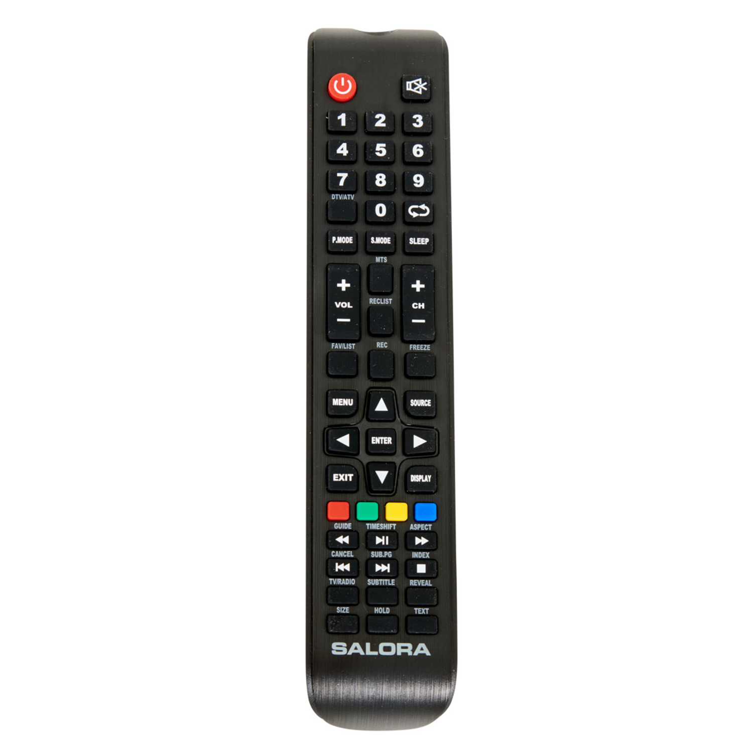 A TV remote with buttons and functions. The remote has black and colored buttons.